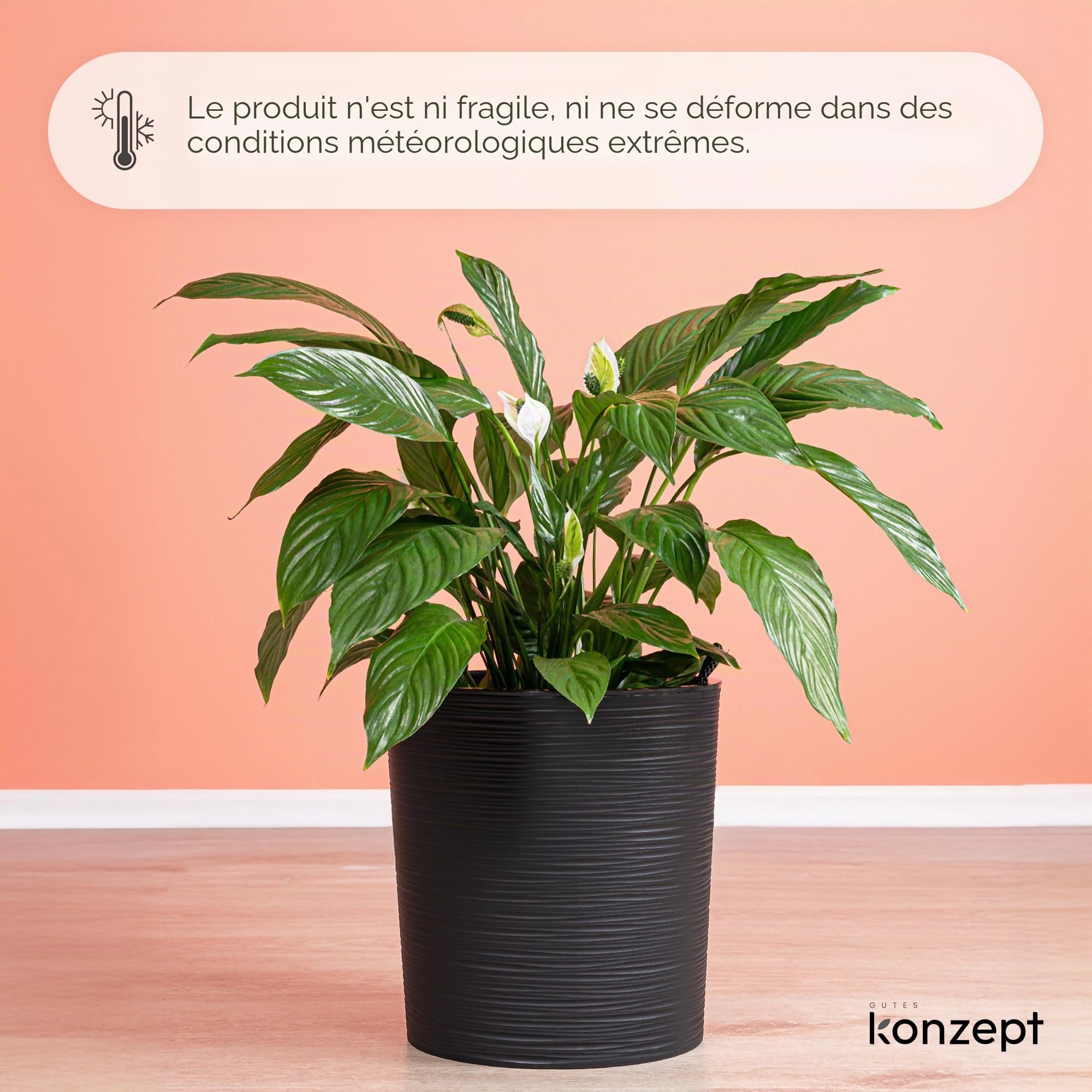 KONZEPT Grand pot de fleurs, pour l'intérieur, 30 cm, en plastique, noir, design traces de burin, avec insert intérieur