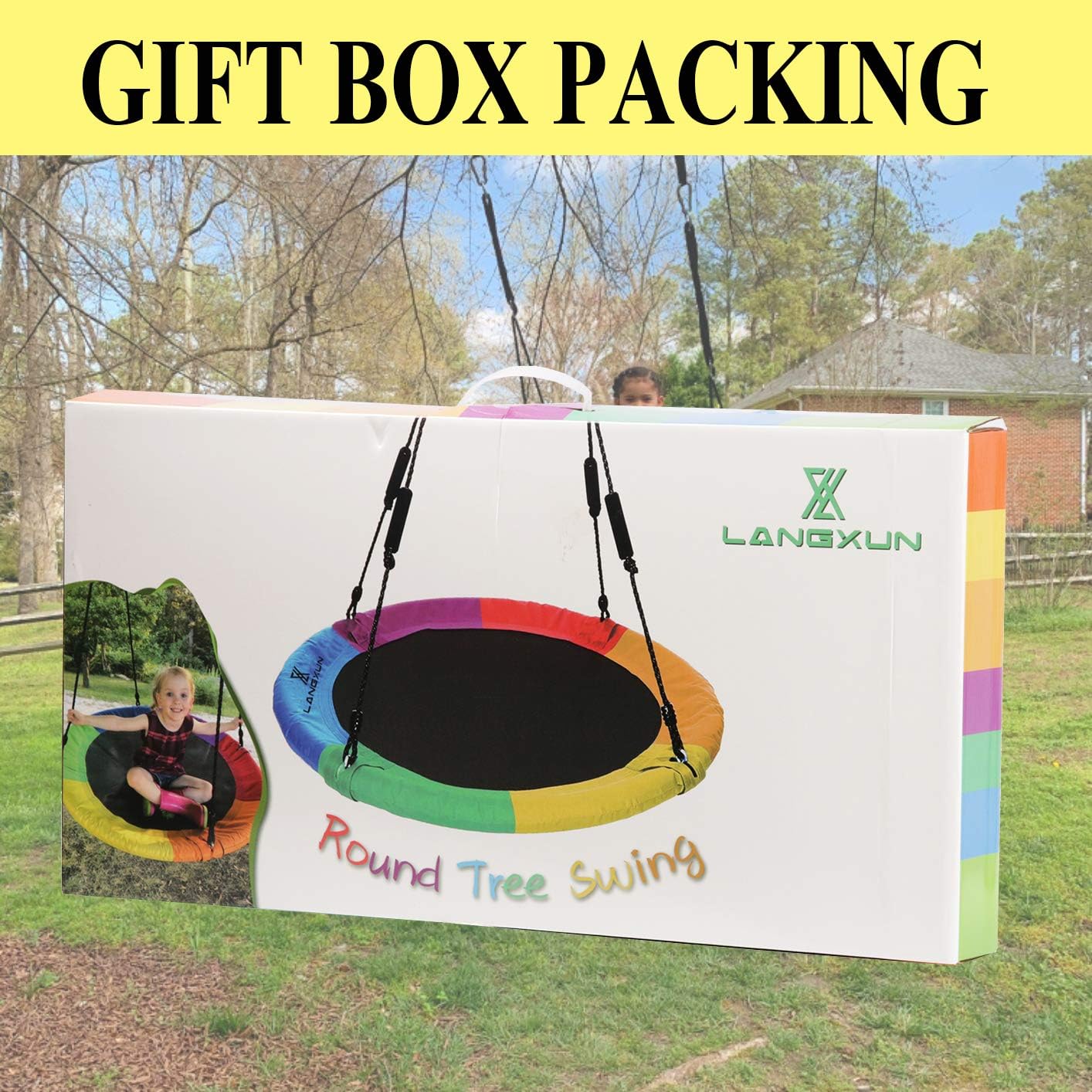 LANGXUN 40 Inch Rainbow Saucer Tree Swing for Kids and Adults, with Carabiners and Flags, 700 lb Weight Capacity, Steel Frame, Waterproof, Outdoor Swing Sets for Backyard