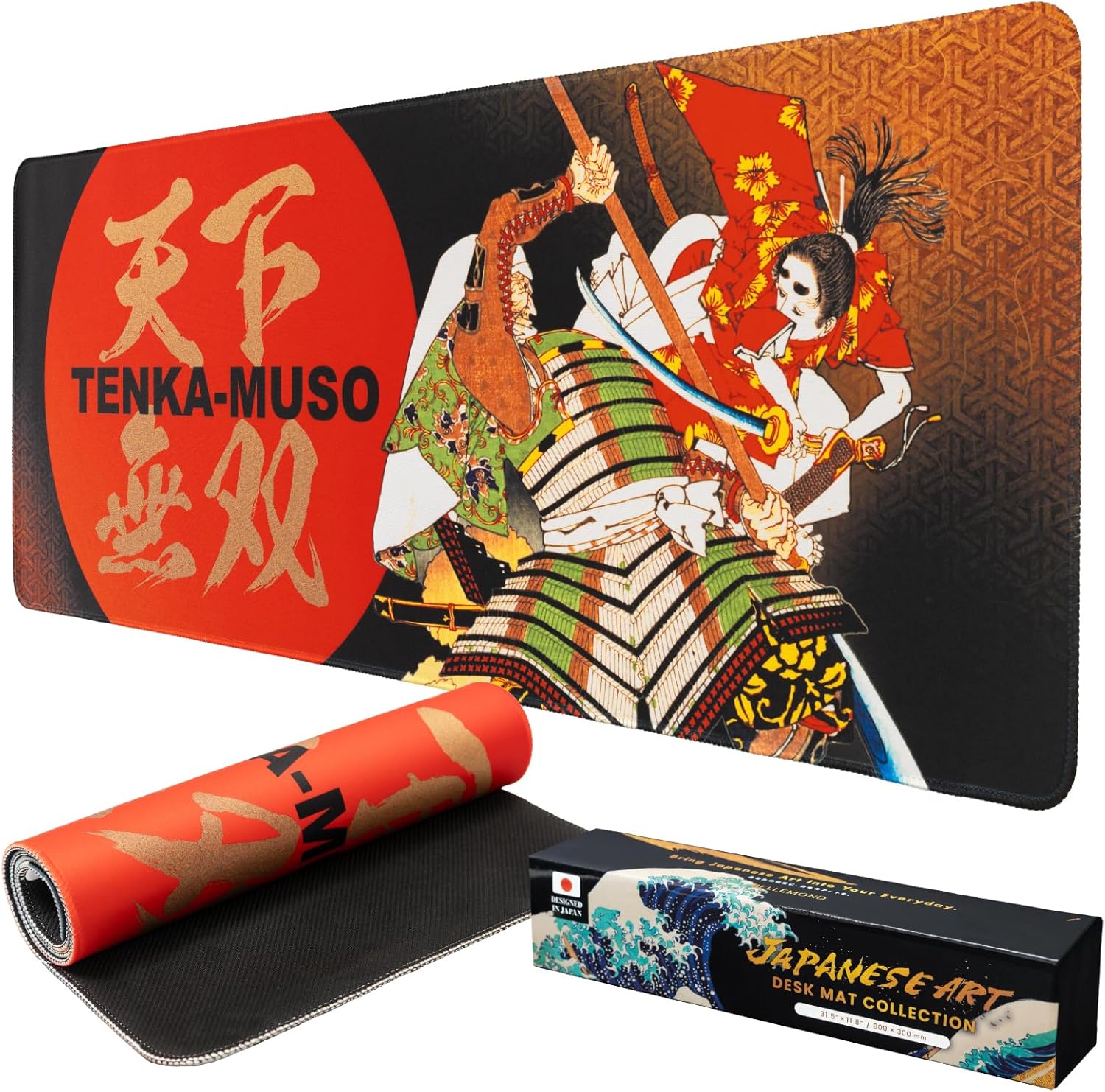 BELLEMOND Japanese Art Desk Mat | Large 31.5x11.8in Desk Pad | Gaming Mouse Pad for Keyboard & Mouse | Non-Slip Base, Water-Repellent, Smooth Precision | Tenka Muso - The Unrivaled Warrior