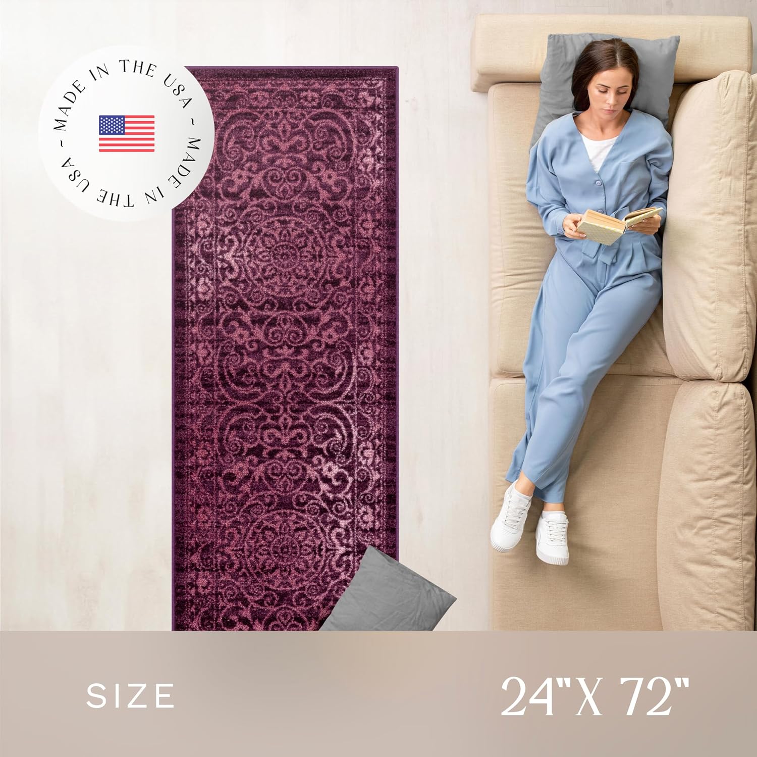 Maples Rugs Pelham Vintage Medallion Runner Rug - Made in USA - Washable, Non-Slip, Low Profile Indoor Rug for Hallway, Kitchen, and Laundry Room, 2' x 6', Wineberry