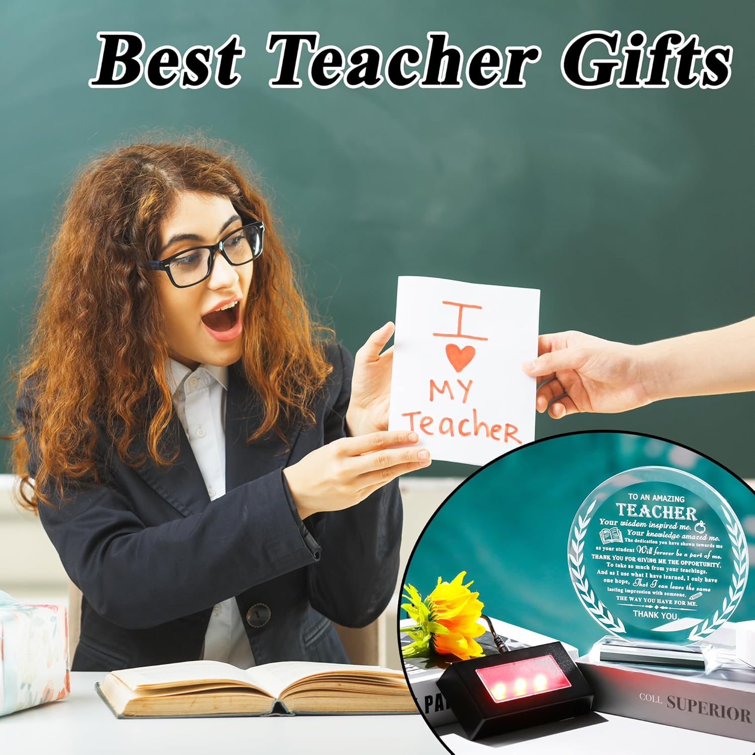 Teacher Appreciation Gifts for Women Men - Crystal Teacher Plaque with Colorful Base Best Teacher Birthday Christmas Retirement Teachers' Day Graduation Gifts Thank You Teacher Gifts from Student