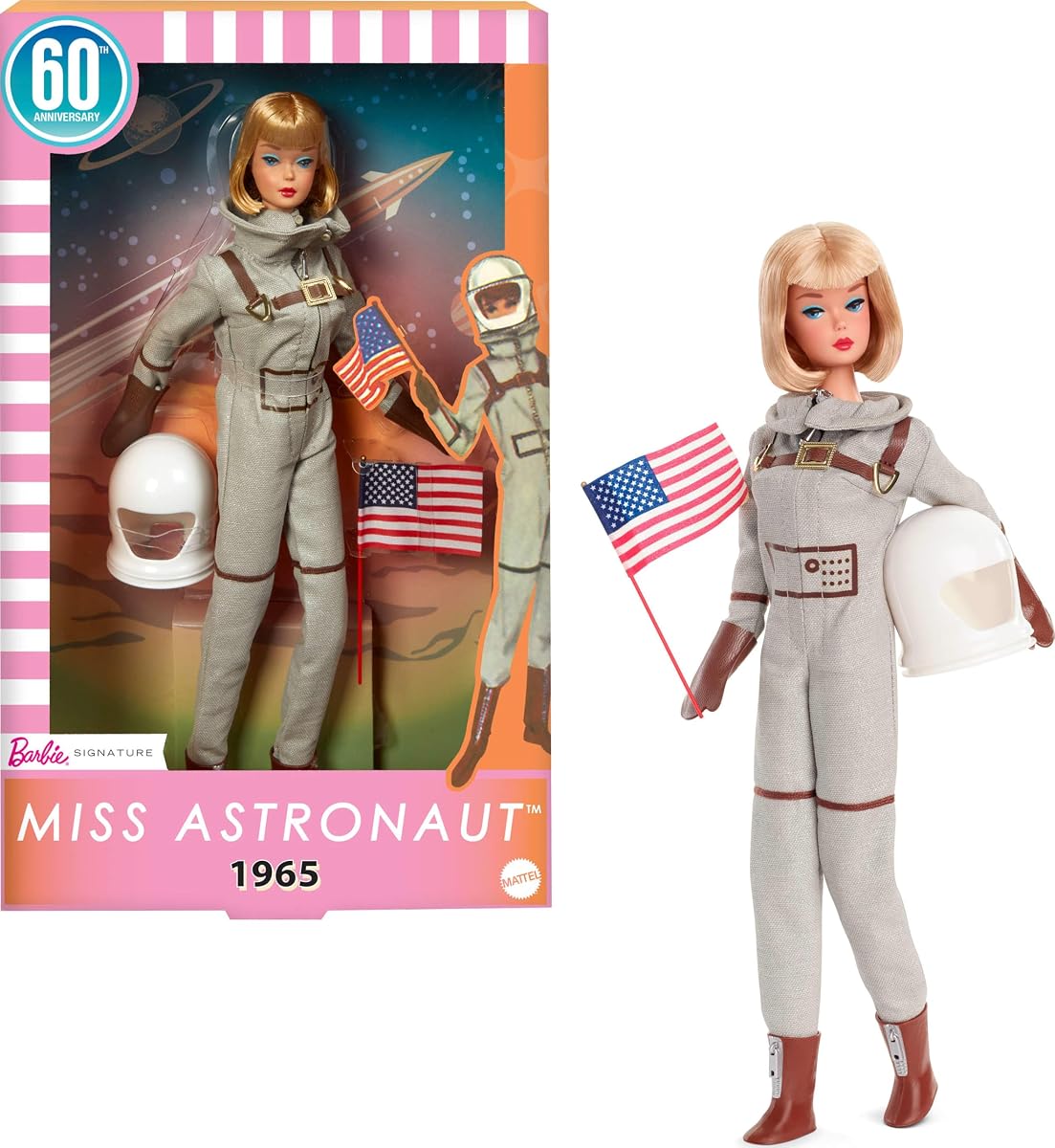 Mattel Miss Astronaut Doll Collectible with Silver Suit, Space Boots & Helmet Accessory, 1965 Vintage Repro
