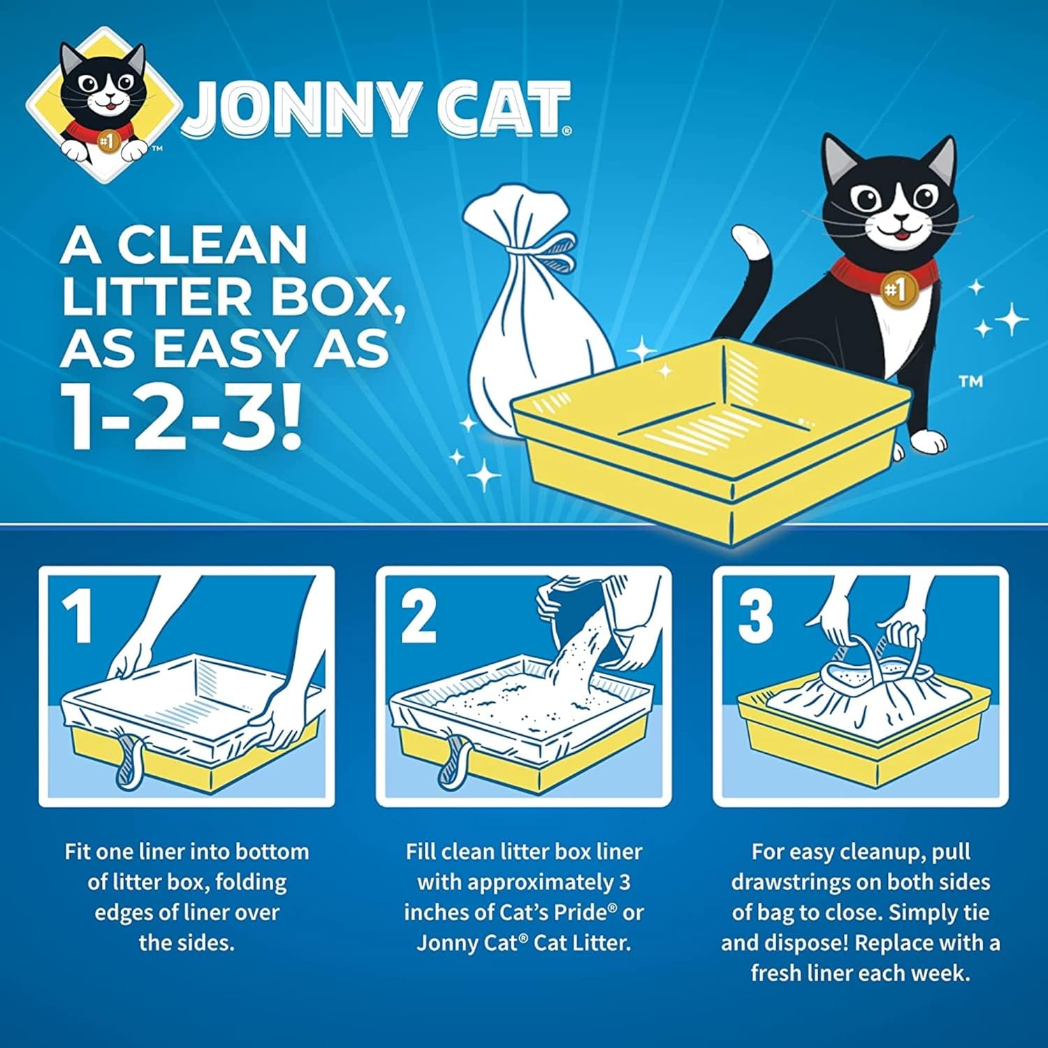 Jonny Heavy Duty Cat Litter Box Liners (Pack of 12), Cat litter Box Liners Jumbo, 5 Liners Box
