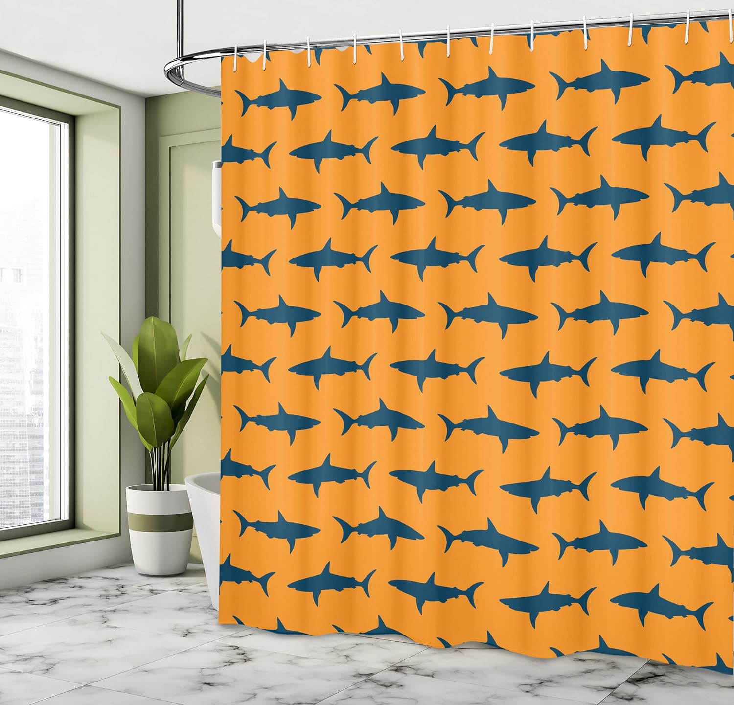 Ambesonne Sea Animals Shower Curtain, Sharks Swimming Horizontal Silhouettes Powerful Dangerous Wild Life, Cloth Fabric Bathroom Decor Set with Hooks, 69" W x 70" L, Night Blue