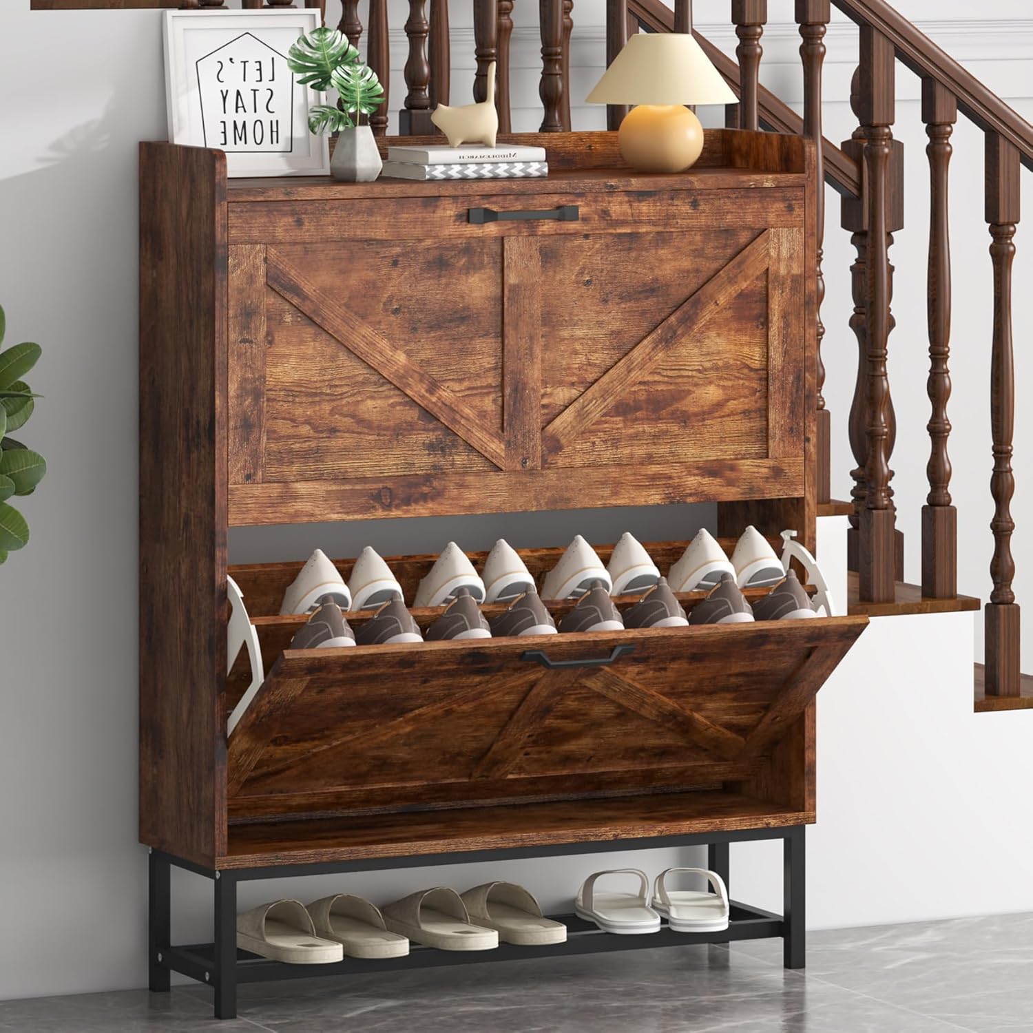 JSB Shoe Cabinet with 2 Flip Drawers, Freestanding Storage Organizer Shelf with Metal Legs, Narrow Shoe Rack Cabinet for Entryway (Rustic Brown, 2-Drawers)