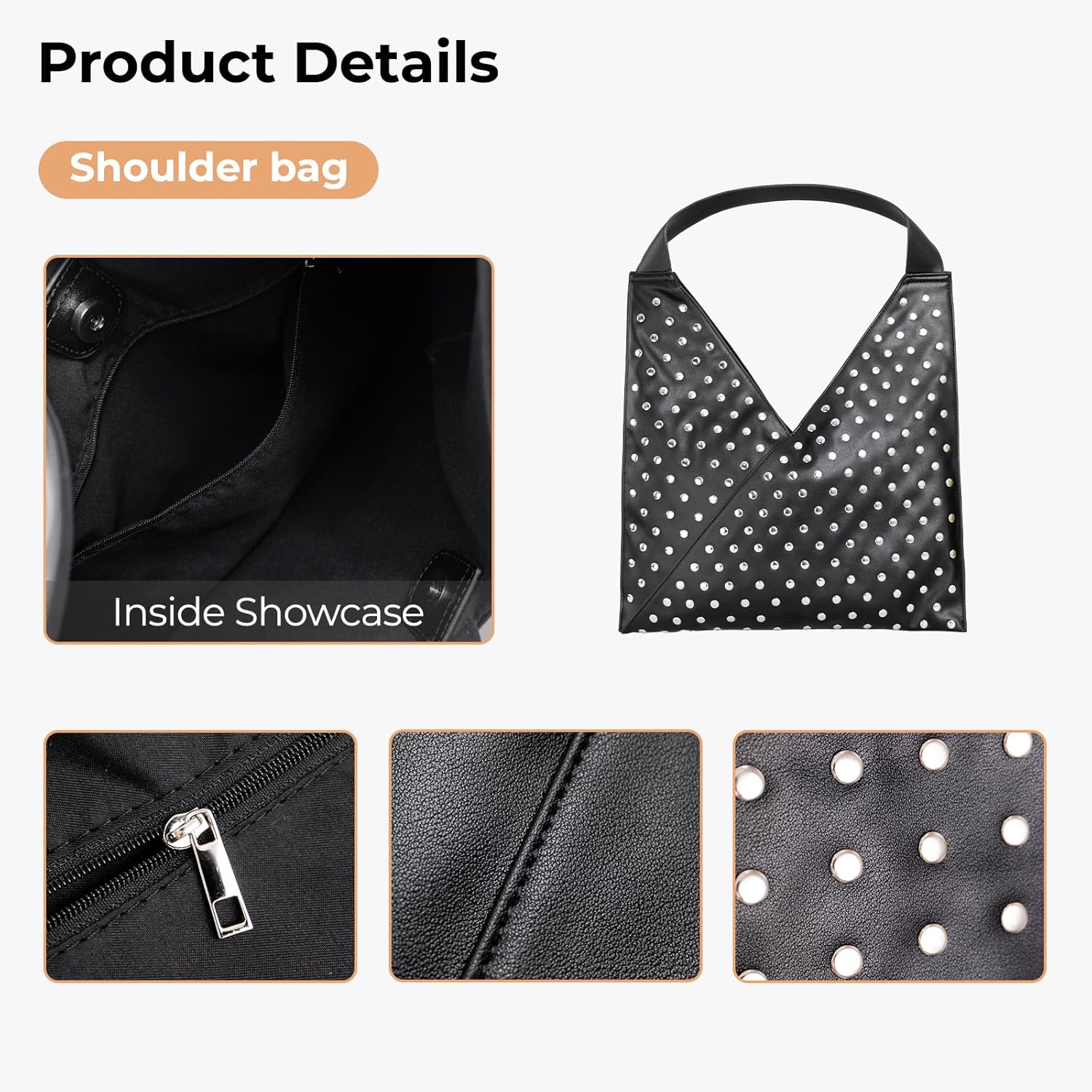 Black Studded Shoulder Bag, Large Vegan Leather Purse for Women, Edgy Tote Bag for Work and Daily Use