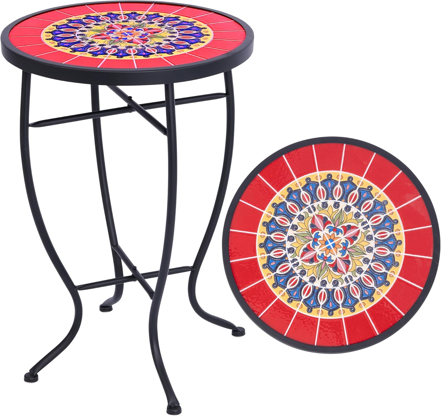 Elevon 14 Inch Round Side Ceramic Tile Top Indoor and Outdoor Accent Table, Sun