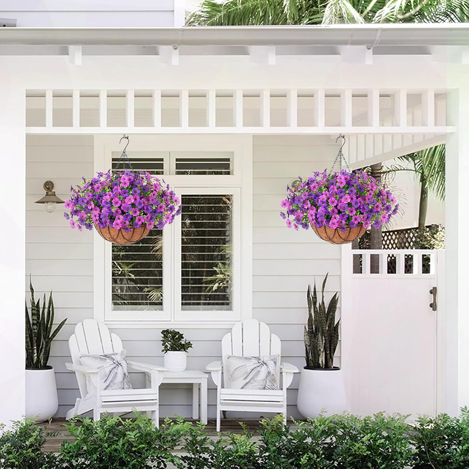 Artificial Silk Flowers Hanging Baskets Outdoors Indoors, Daisy with Eucalyptus Leaves Arrangement for Garden Yard Spring Summer Decor Faux Green Plant Metal Coconut Lining (Dark Purple Purple) - Image 6