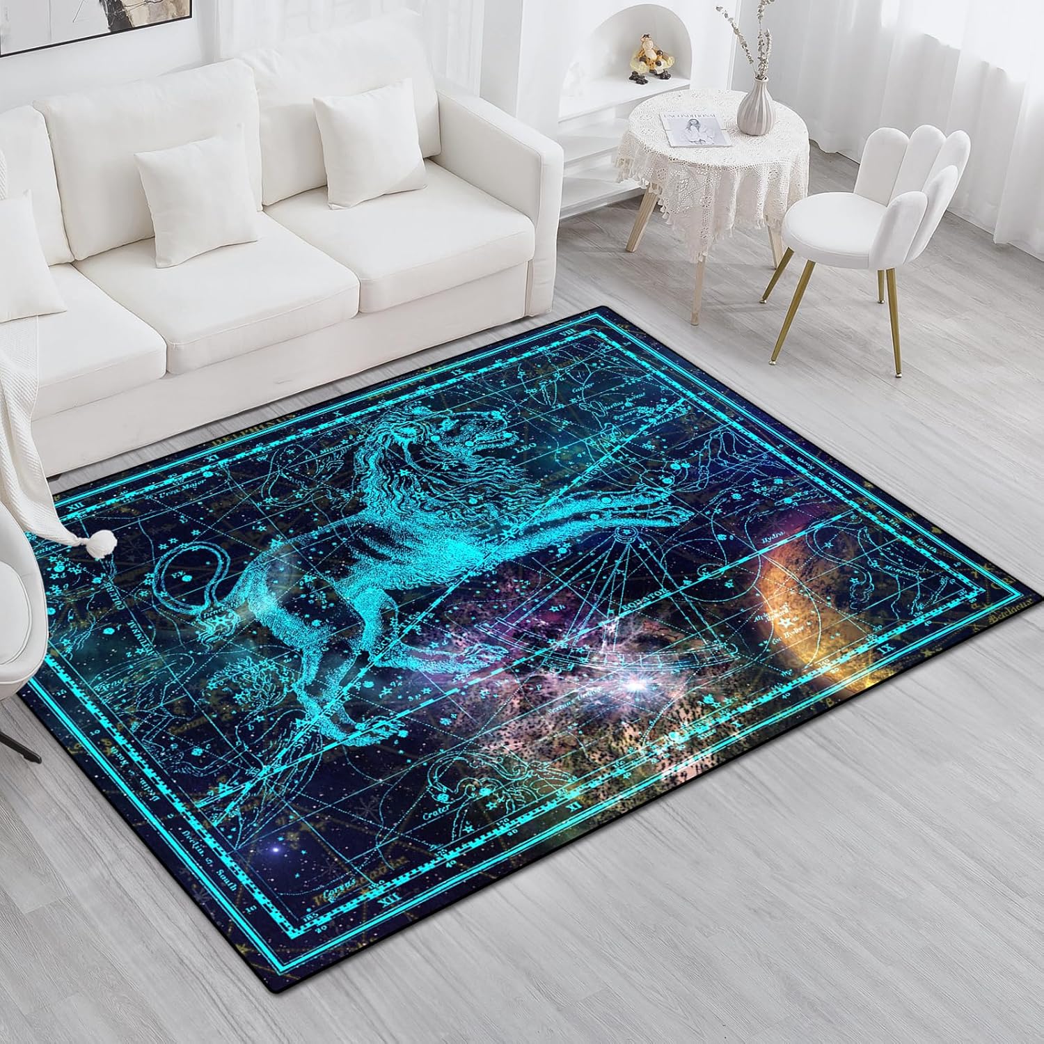 Washable Non-Slip Area Rug, Constellation Design Teen Carpet Rug Doormat, Low-Pile Floor Carpet for Computer Children Bedroom Indoor Front Entrance Living Room Office (Blue Leo, 60" x 40")