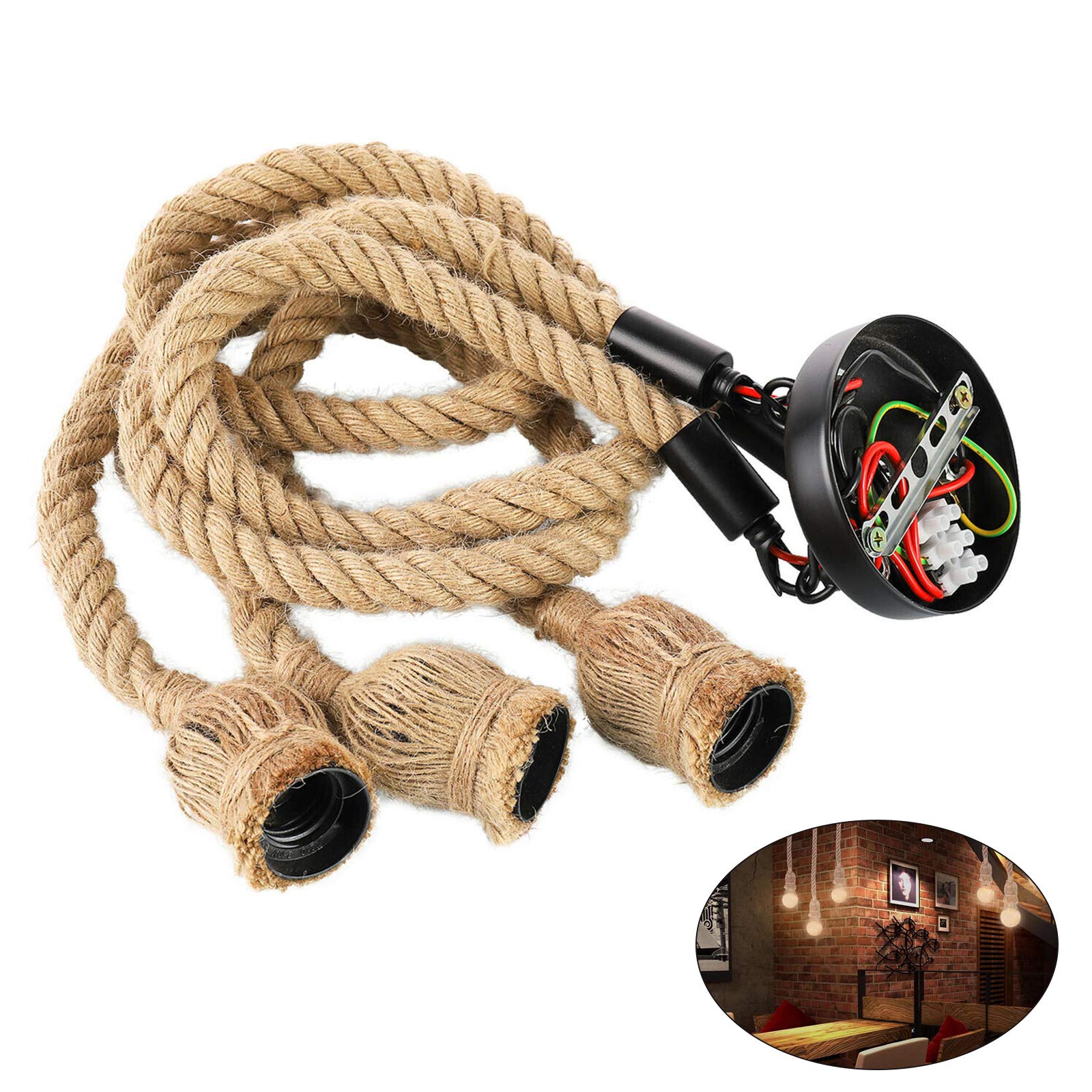Eunewr White Hemp Rope Light Head, Pendant Ceiling Lighting Fitting, Vintage Hanging Retro Rope Hanging Lamp For Cafe Dining Restaurant Bar Hall (3 Lights)