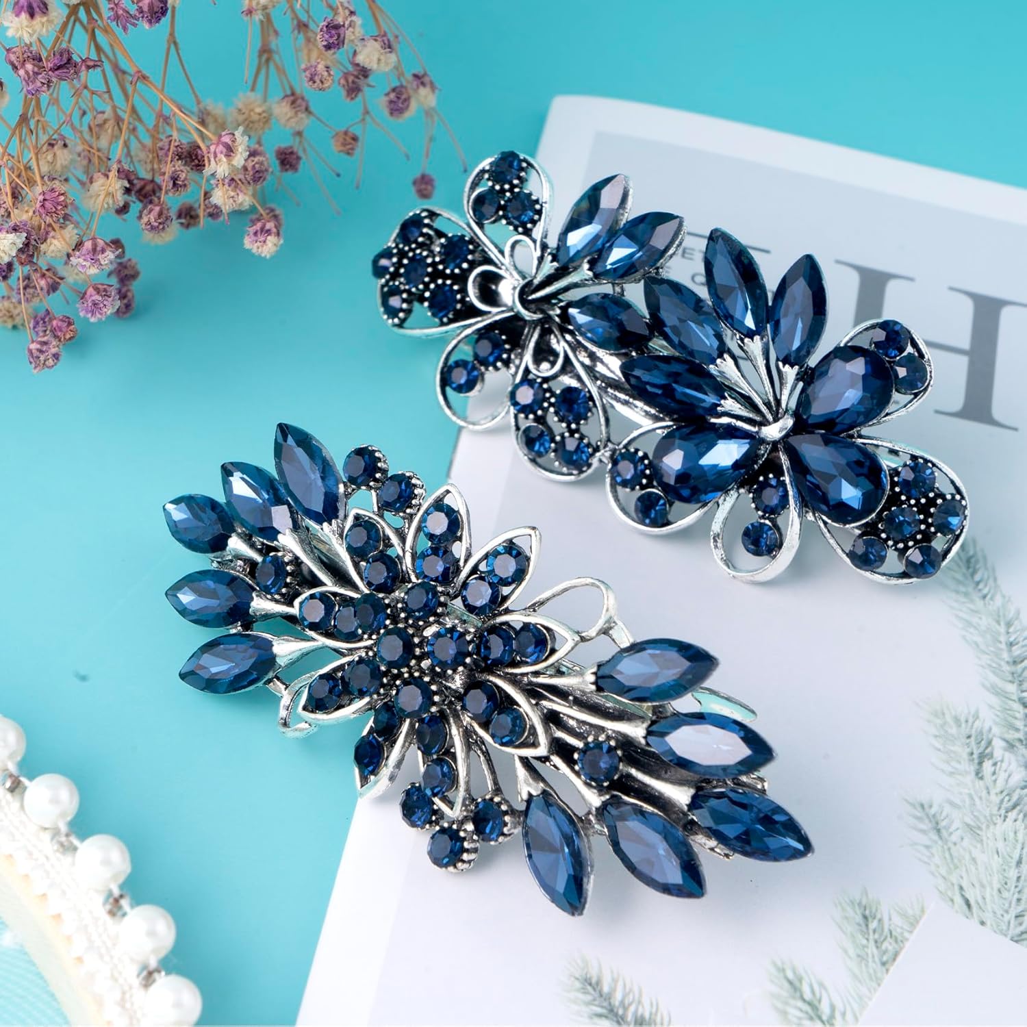 2pcs 3.35inch Vintage Crystal Hair Barrettes, Sapphire Blue Bun Updo Hair Clips, Sparkly Rhinestone French Wedding Prom Formal Hair Jewelry Accessories for Women - Image 7