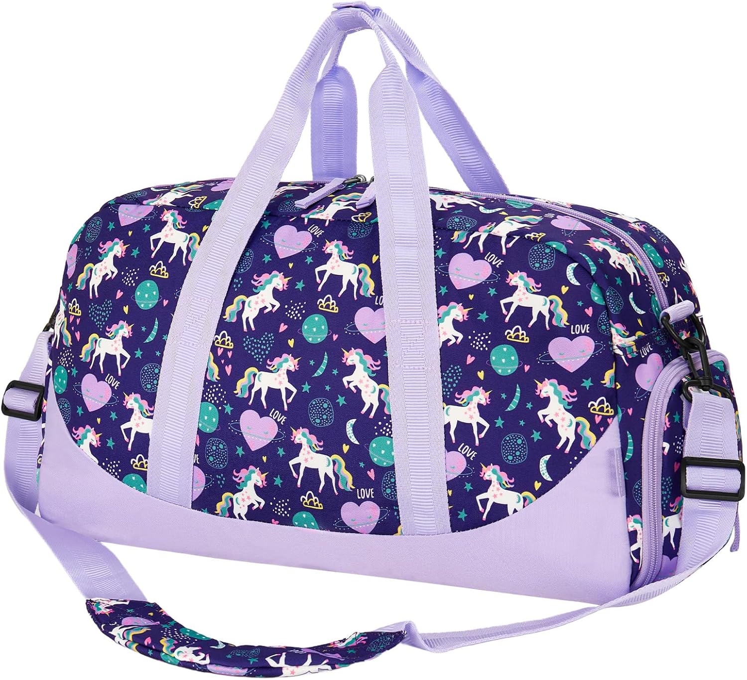 Choco Mocha Duffle Bag Kids Girls - Unicorn Overnight Bags for Kid with Shoes Compartment, Cute Weekender Bag for Sleepover Travel, Purle Galaxy