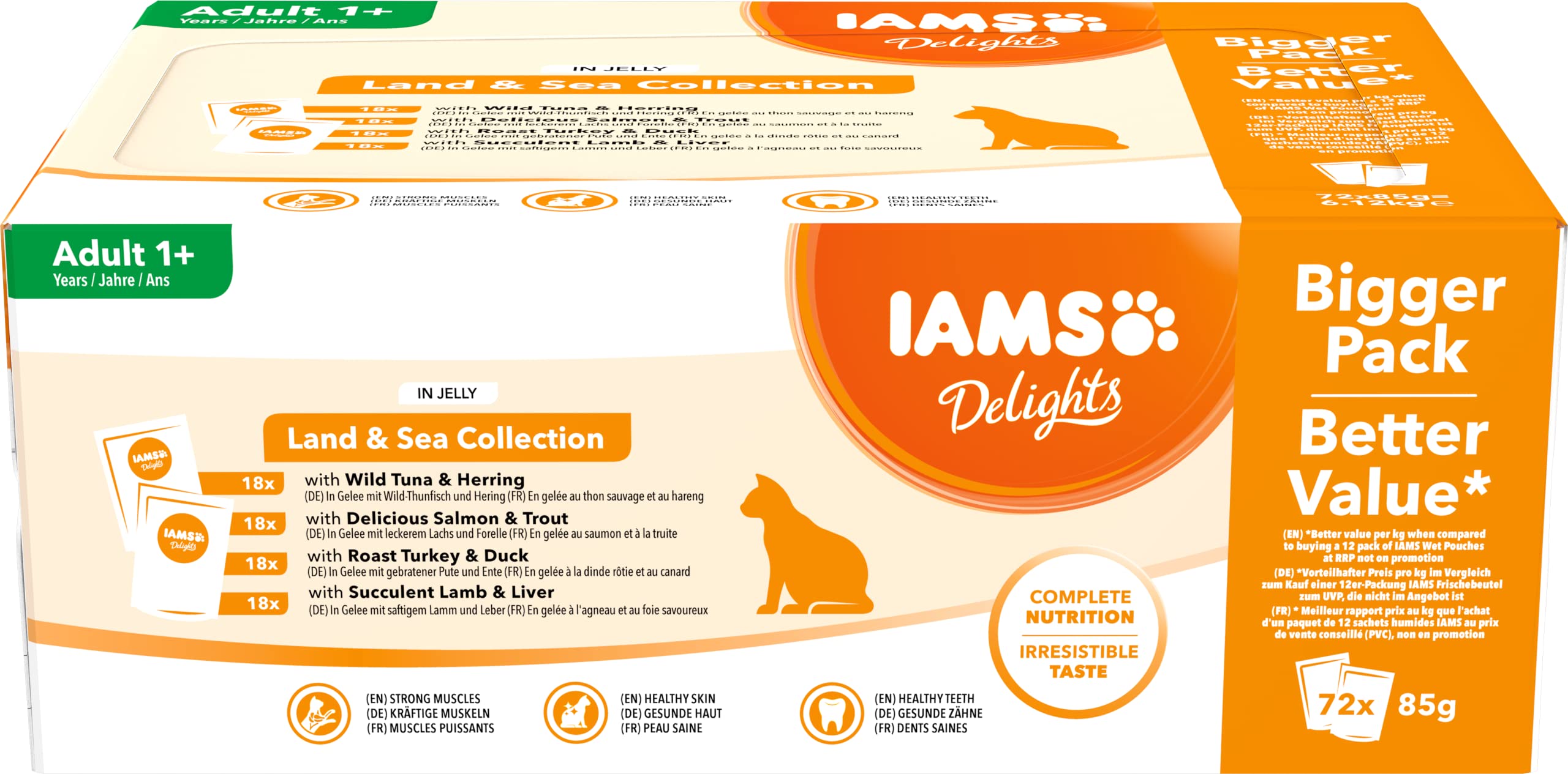 Iams Advanced Nutrition Chat Adulte Assortiment Sachets Humides Terre Land Collection en Gelée 72 x 85g