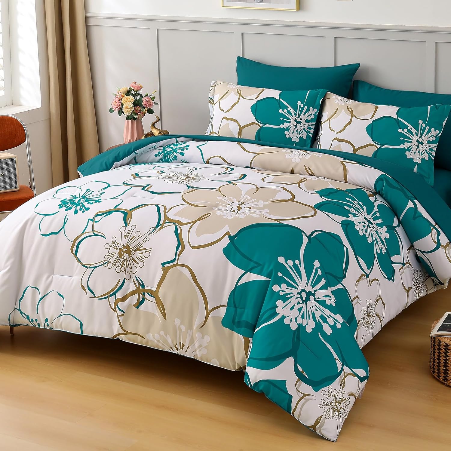 Anibedding 7Pieces Teal Grey Floral Comforter Set Queen Size, Soft Microfiber Grey Blue Bed in a Bag Comforter Set with Sheets for All Season - Image 2