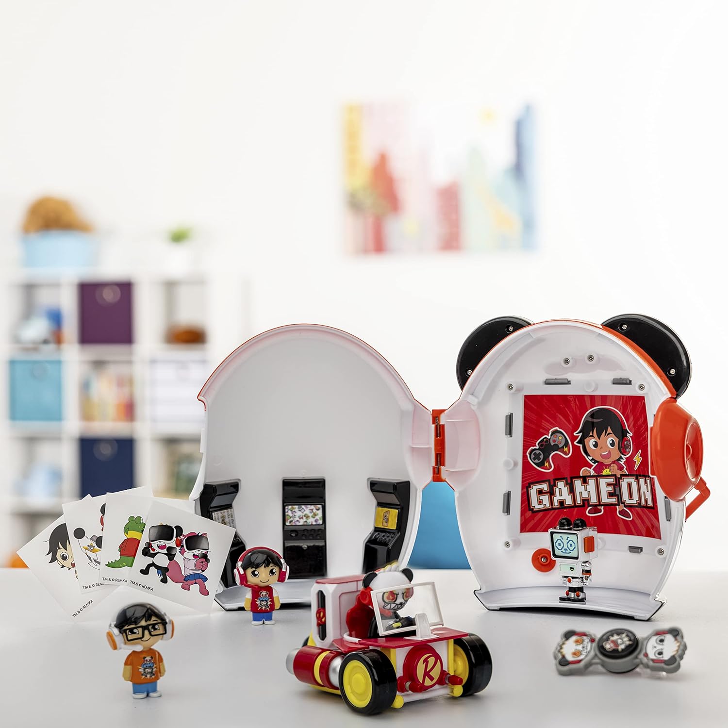 Ryan's World Combo Panda Game On Egg; Contents Include The Combo Panda Shaped Container, 4 Micro Figures, a Micro Vehicle, Spinner, and Stickers