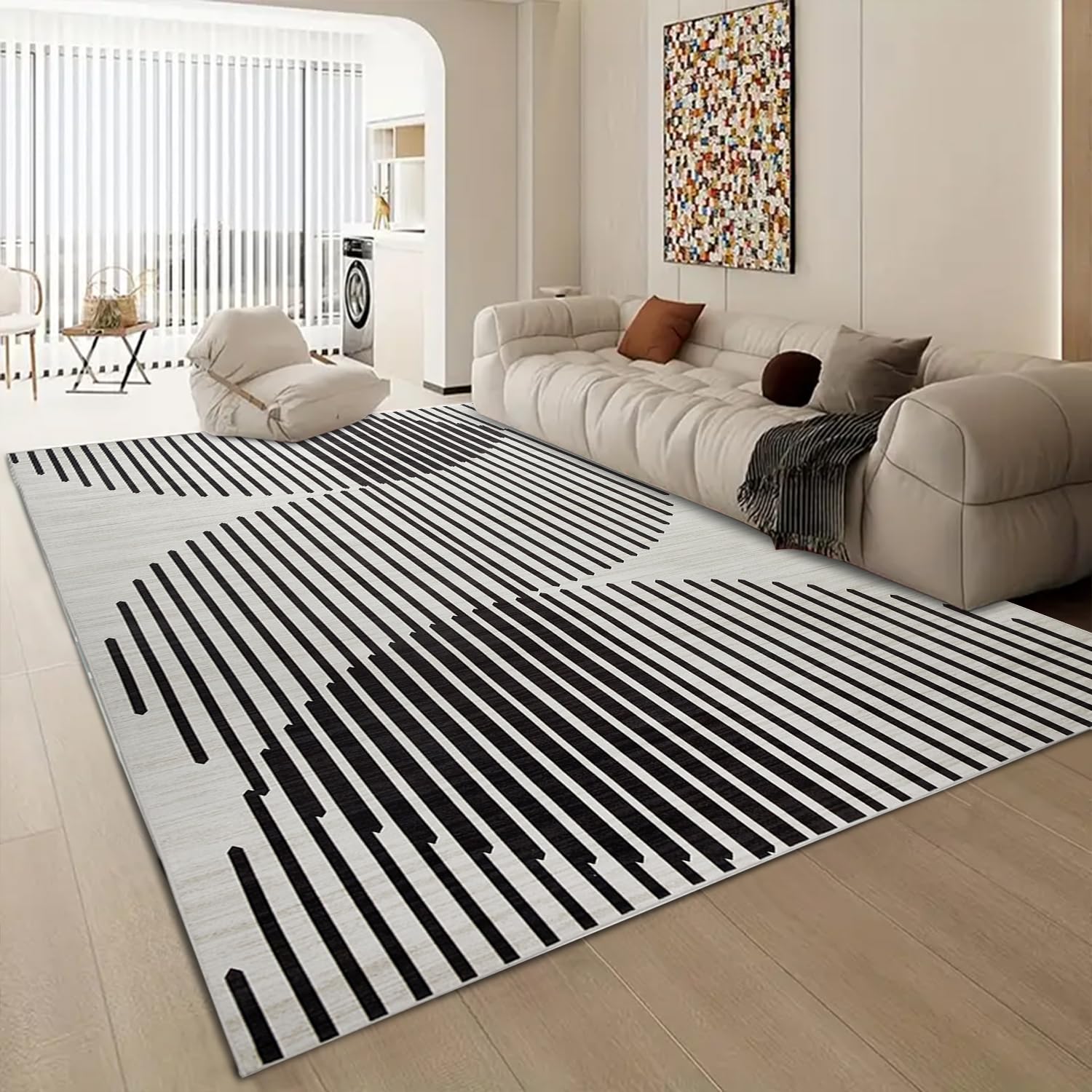 Aspire Homeware Rugs Living room Large 160x230 cm-Large Bedside Non-Slip Geometric Boho Style Printed Crawling & Playing Anti-Slip Backing Short Pile Black &White Rug for Bedroom, Nursery Room (Jett)