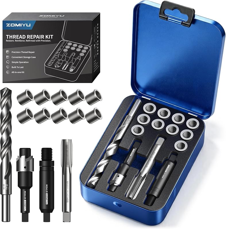 M12x1.25 Metric Thread Repair Kit, 15mm One-Piece Inserts (10PCS) | 304 Stainless Steel Inserts Resist Corrosion; HSS Drill/Tap, Counterbore, Driver, 2 Threadlockers and Metal Case
