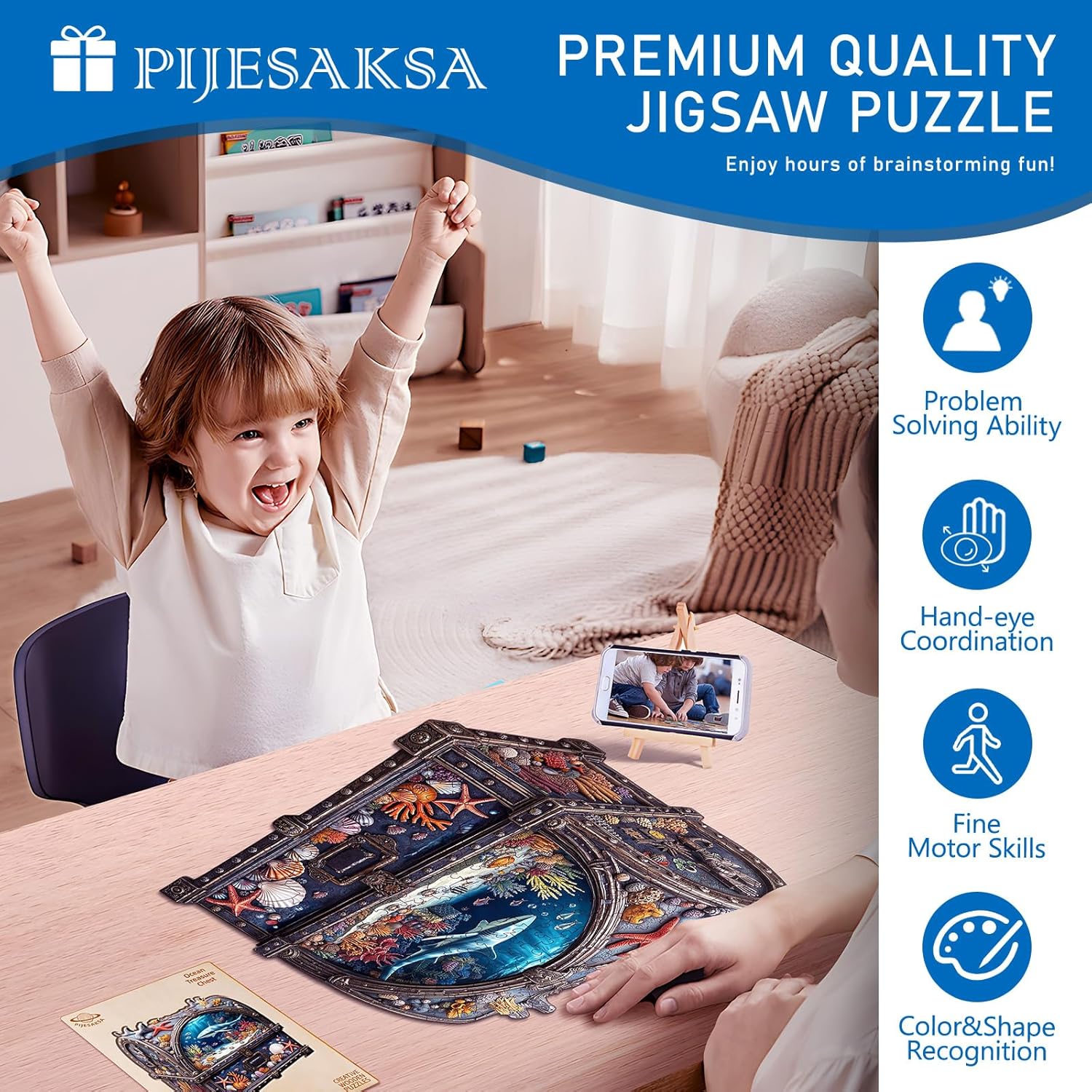 Wooden Puzzles for Adults, Ocean Treasure Chest Wooden Jigsaw Puzzle, Unique Shape Wood Puzzles Adult, Presents for Family and Friends, Wall Art Home Decor (L-13.4 * 12.6in - 295 Pieces)