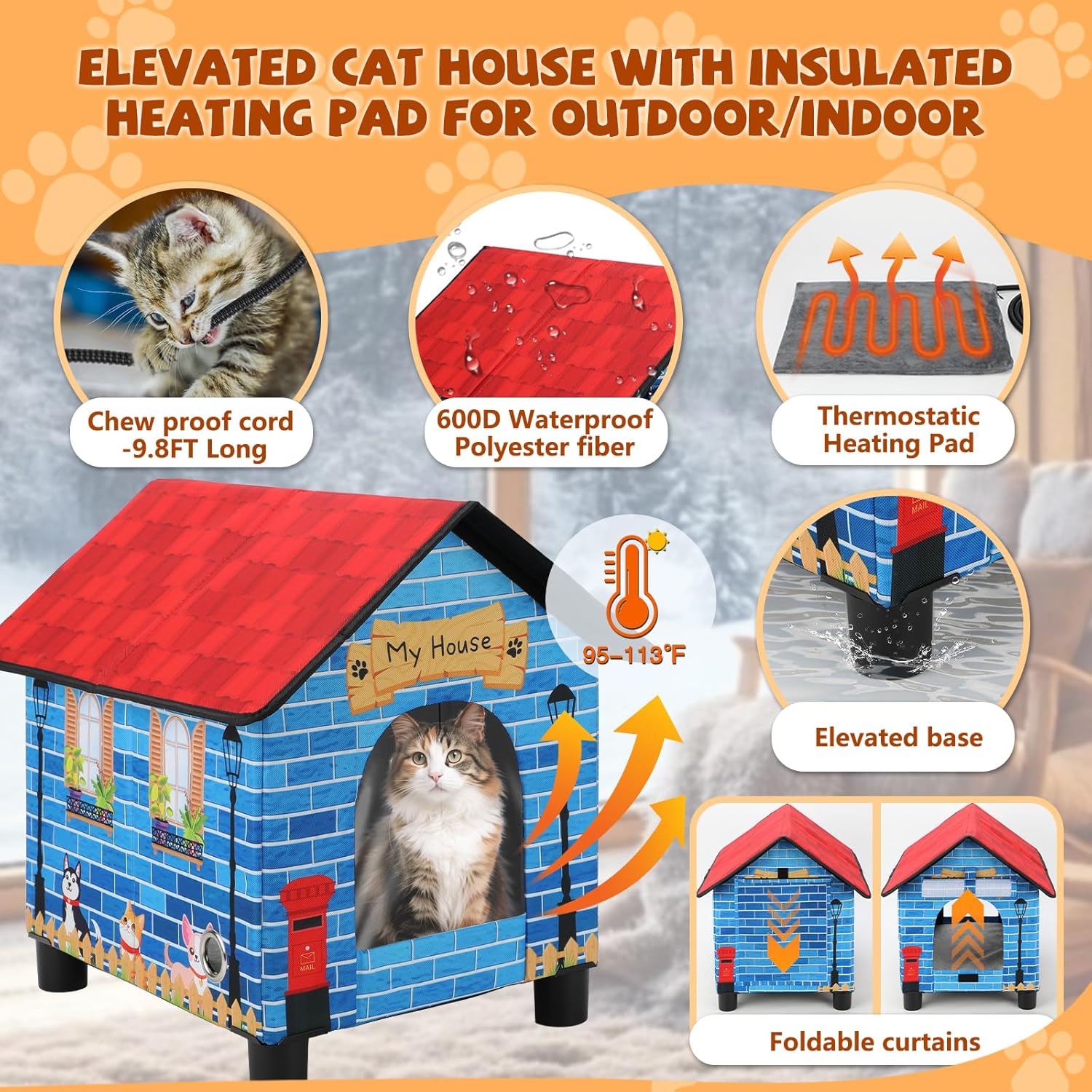 Elevated Heated Outside Cat House,Waterproof Heater Feral Cats Shelter for Indoor Outdoor Kitty,Warm and Insulated Outside Heat Cat Bed with Thermostatic Heating Pad for Cold Winter