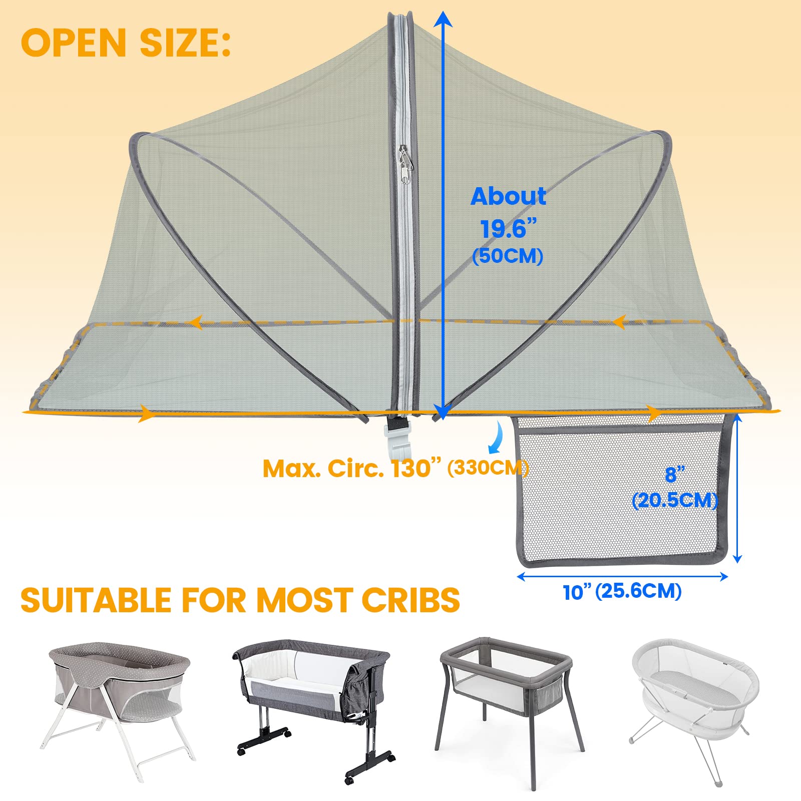 Mosquito Net for Cot Universal Cat Net for Next to Me Crib with Side Bag Stable Mosquito Canopy for Bedside Crib with Noiseless Zipper Easy Access - Image 3