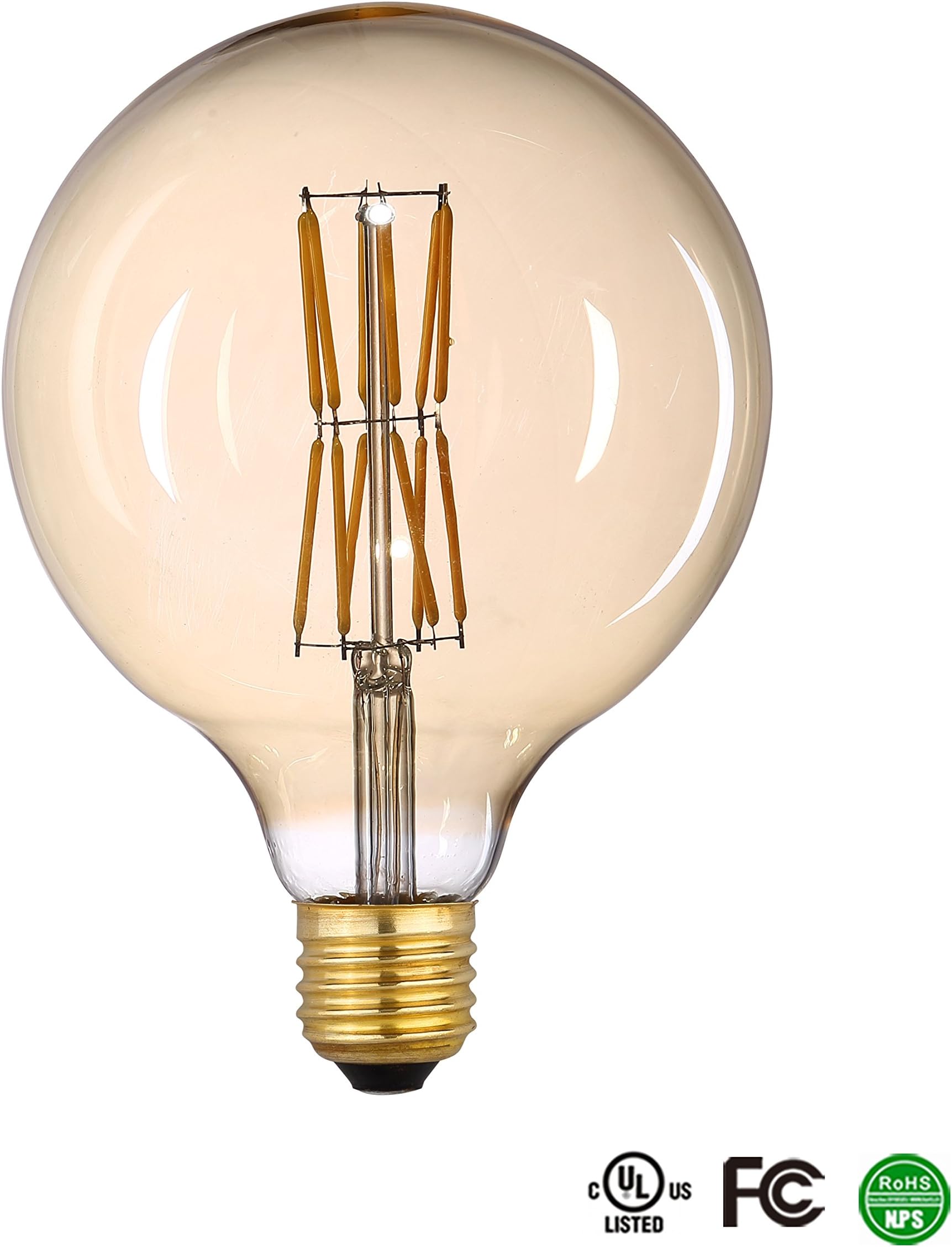 G125(G40) Edison LED Bulb Dimmable 120V 6W=60W Incandescent Retro LED Light Bulbs Flicker Free 600 Lumens - 2700K(Warm White) - Gold Tint/Amber, LED Filament 360° Beam Angle - E26–1 Pack