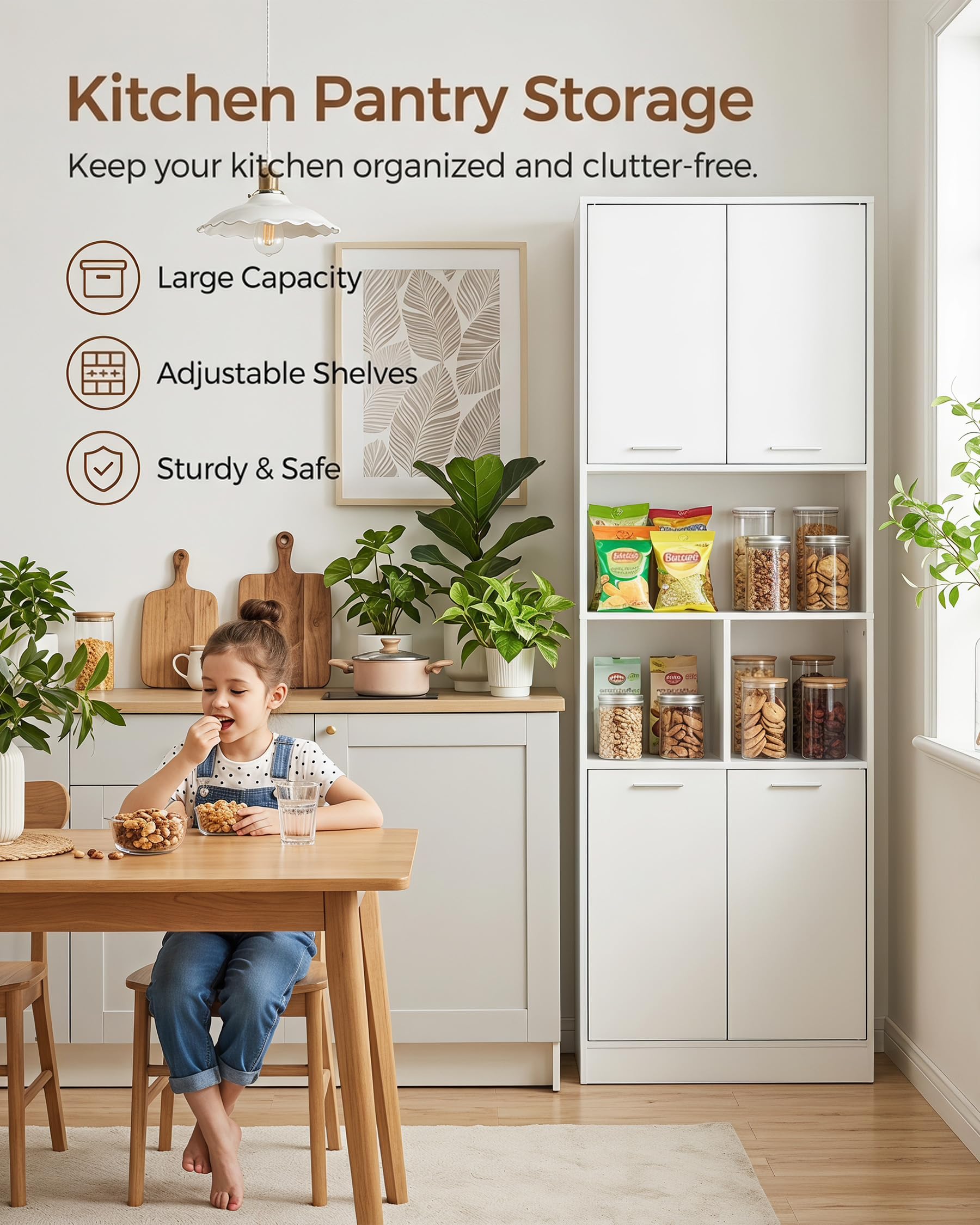 Meuble Cuisine 60x40x180.5cm Armoire Rangement Avec Étagères Réglables Buffet Colonne pour Cuisine Salon Salle de Bain Blanc