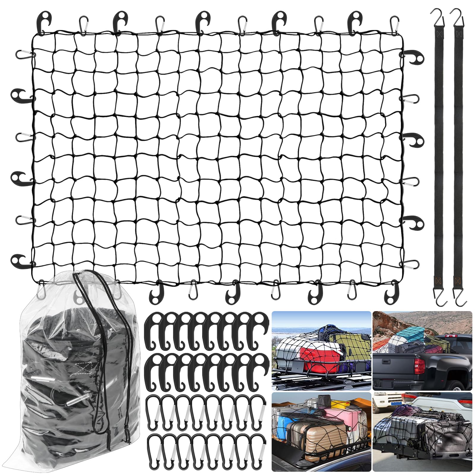 Red de equipaje de 180 x 120 cm, extensible hasta 360 x 240 cm, con 1 bolsa de almacenamiento, 2 cuerdas elásticas de carga, 16 ganchos de metal y 16 ganchos de ABS, para ATV, Suvs, camiones y
