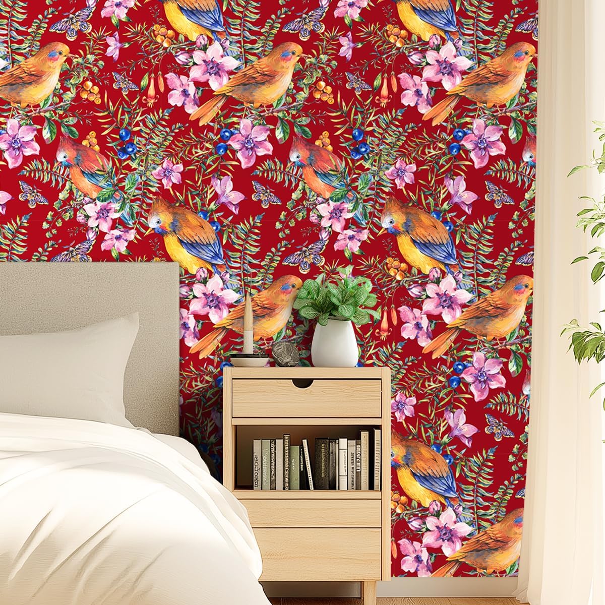 Retro Flower and Bird Contact and Self-Adhesive Wallpaper,Peel and Stick Wallpaper 17.71" X 118.1" Vinyl Wall Paper for Bedrooms, Kitchens, Restaurants, Rental Rooms, Cloakrooms