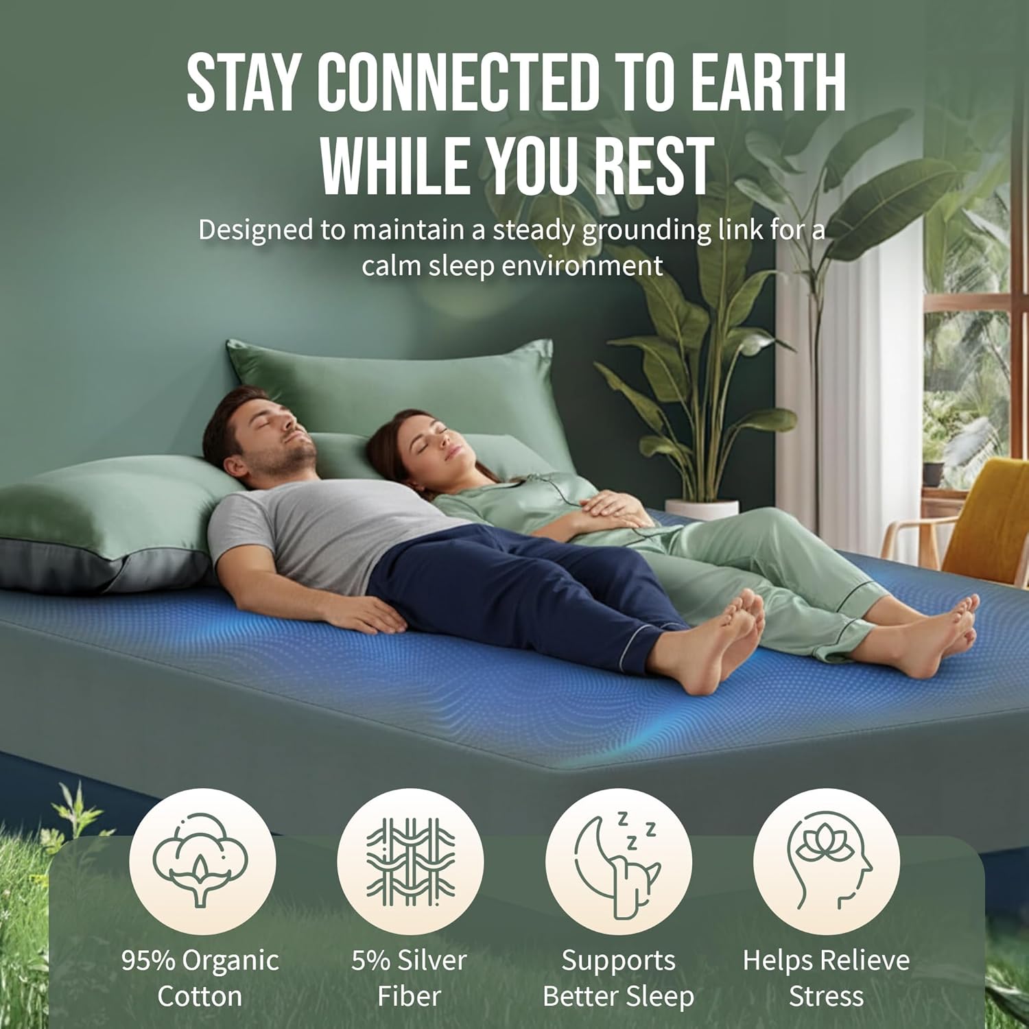 95% Organic Cotton + 5% Silver Fiber Grounding Sheet Queen Size 60"x80"x15" Includes Grounding Cord, Sleep Mask & Silver Test Pen -Conductive Earthing Sheet for Better Sleep, Stress Support & Recovery