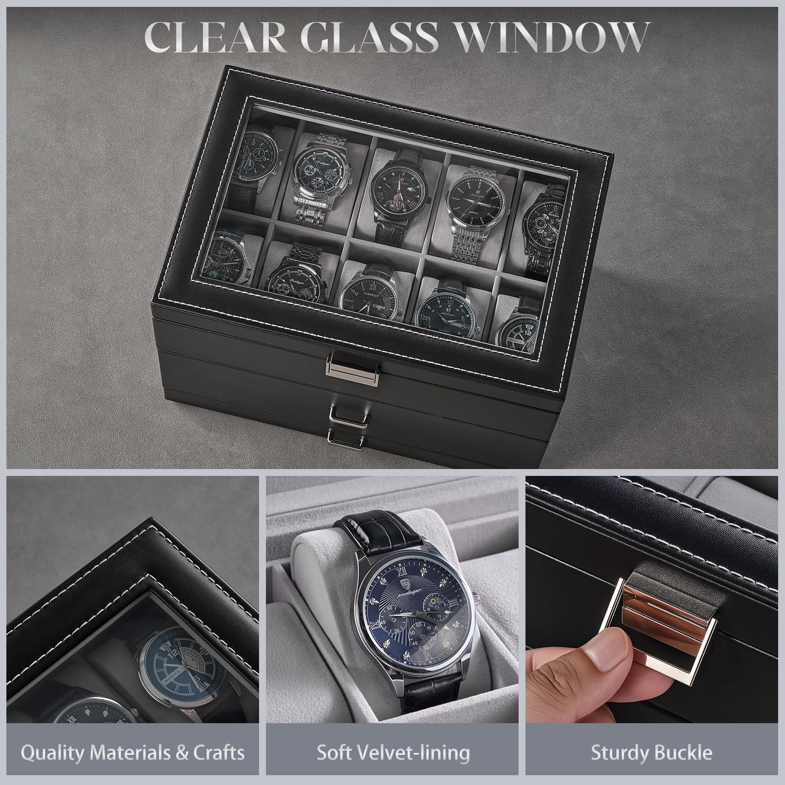 ProCase Uhrenbox mit 20 Fächern, 2 Ebenen Uhrenkoffer mit Schublade, Uhrenaufbewahrung Uhrenkasten mit Glasdeckel -Schwarz