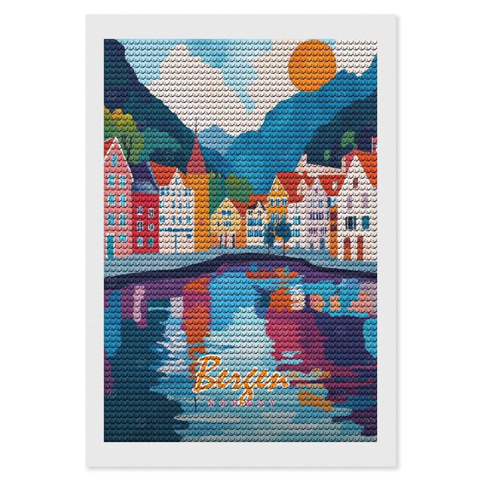 Junmoney Bergen, Norway Watercolor Diamond Painting Canvas Kit 8"x12", Adhesive Canvas, Living Room Decor, Farmhouse Decor, Winter Craft