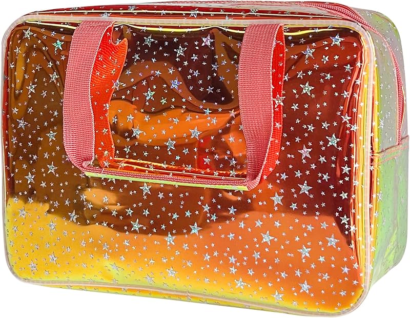 Necessaire de maquiagem TotePrint holográfica marrom com estrelas, alça e zíper, 30 x 13 x 21 cm