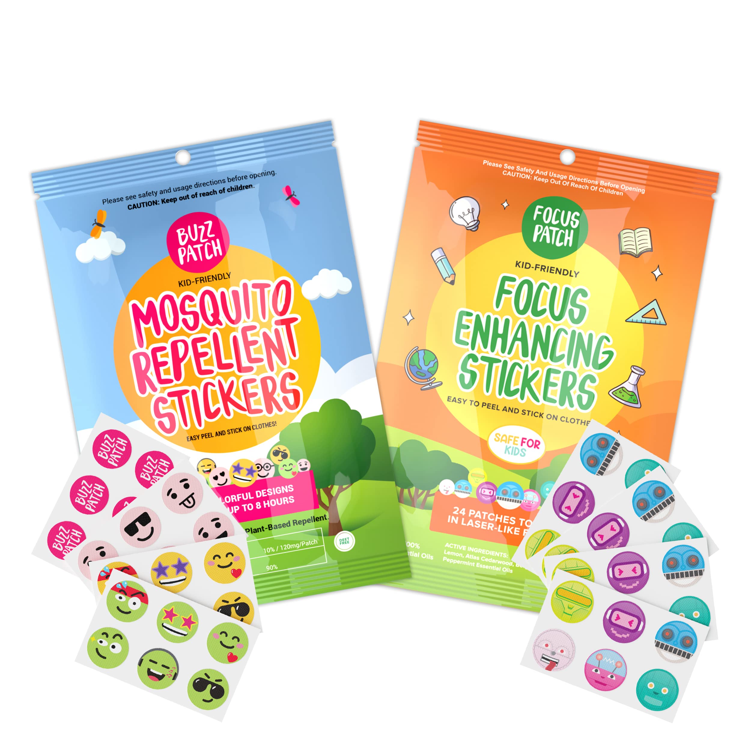NATPAT BuzzPatch (1 Pack) and FocusPatch (1 Pack) Bundle - 60 Mosquito Stickers and 24 Focus Enhancing Stickers - Chemical Free, Natural Relief for Mosquitos and Focus Support