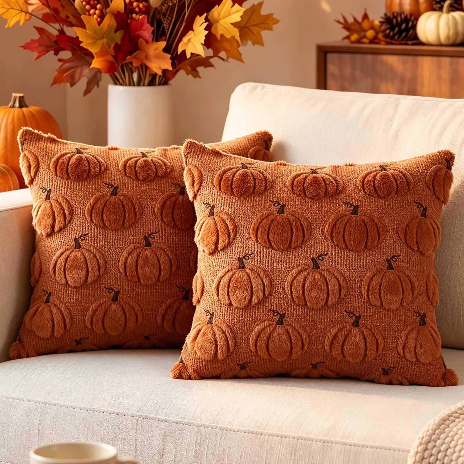 Benjia Autumn 24x24 Cushion Covers Set of 2, Fall Pumpkin Throw Pillow Covers Soft Plush Faux Fur Wool 60 x 60 cm Autumn Cushion Case for Indoor Home Bedroom Couch Sofa Decor (Brown)