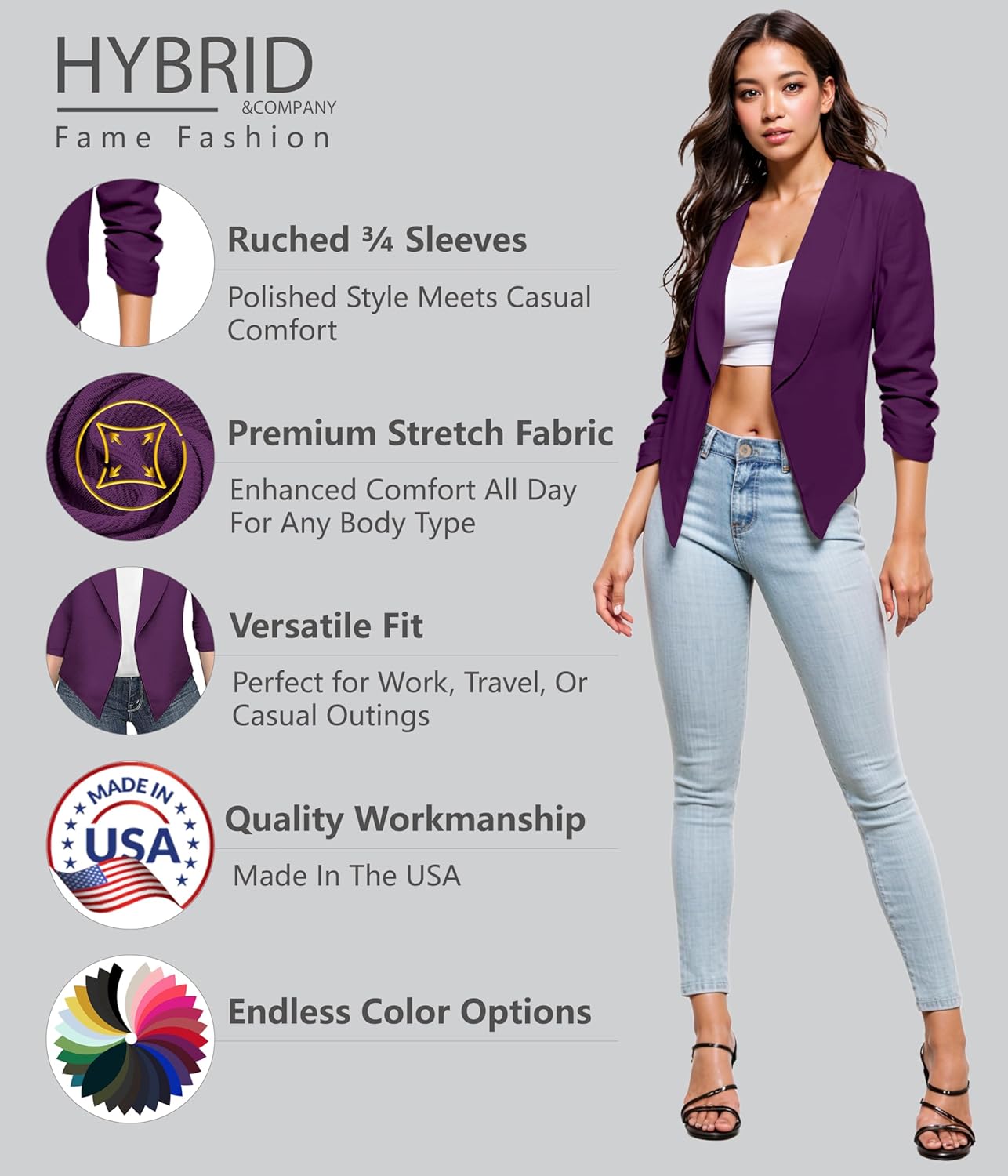 Hybrid & Company Lightweight Open Front Cardigan Classic Ruched Sleeve Work Office Blazer Suit Jackets - Image 3