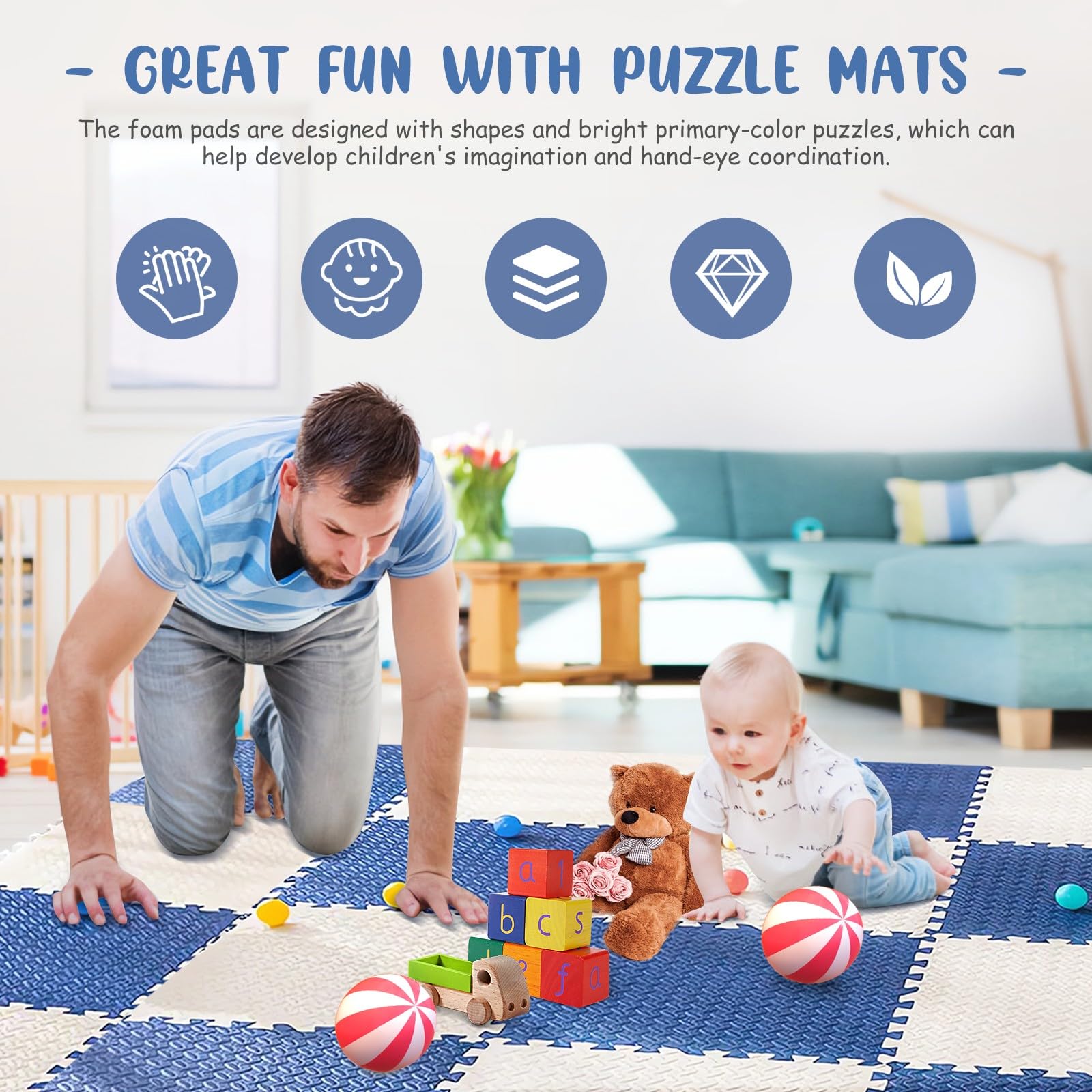 Tapis Puzzle Bébé 145x145 Cm - 36 Pièces Mousse EVA Sans BPA - Antidérapant, Imperméable - Convertible En Barrière De Jeu