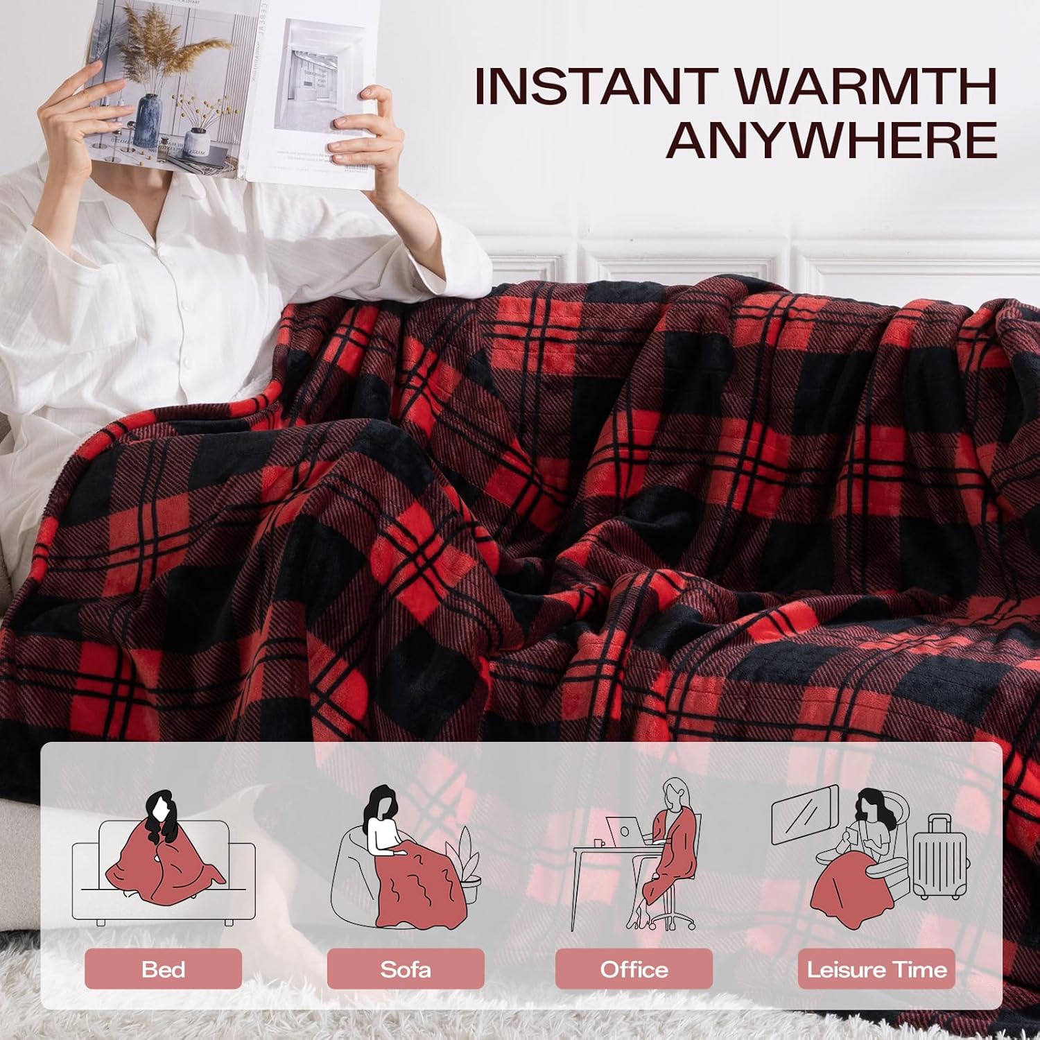 Heated Electric Blanket Twin Size 84" x 62", 8 Heat Settings, 10-Hour Selectable Auto Shut-Off, Fast Heating Blanket, Machine Washable, Warm and Cozy Red Black Plaid Checkered Sherpa Blanket, - Image 7