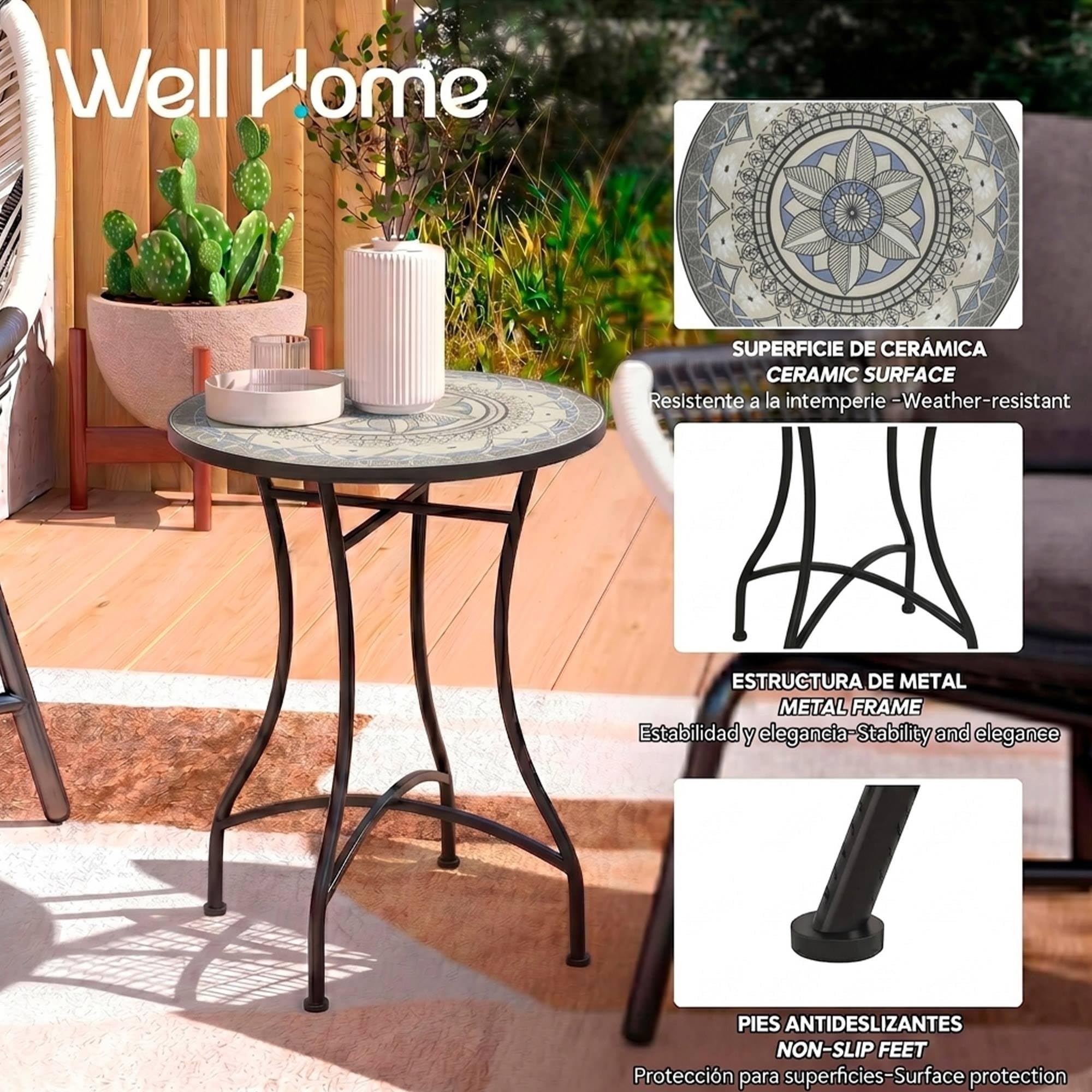 Mesa Auxiliar de Patio de Mosaico Redonda - Mesa de Café para Jardín y Terraza con Patas de Hierro Forjado Antióxido, Mesa Pequeña Decorativa para Exterior e Interior, Ø60x71, Modelo Santiago