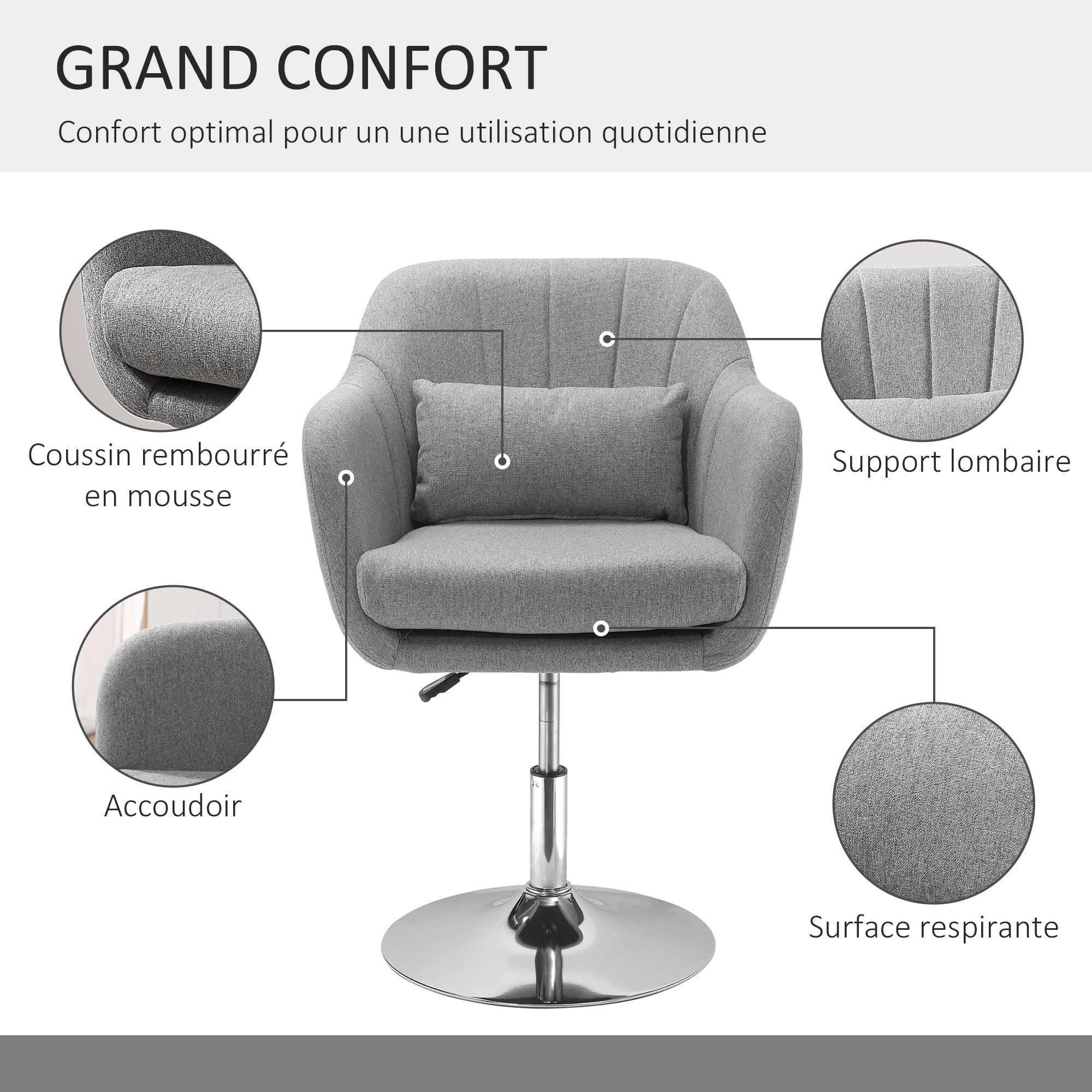 HOMCOM Fauteuil de Salon Chaise Relax Fauteuil de Chambre Grand Confort - Coussins lombaires Hauteur réglable pivotant 360° piètement en métal chromé - Gris