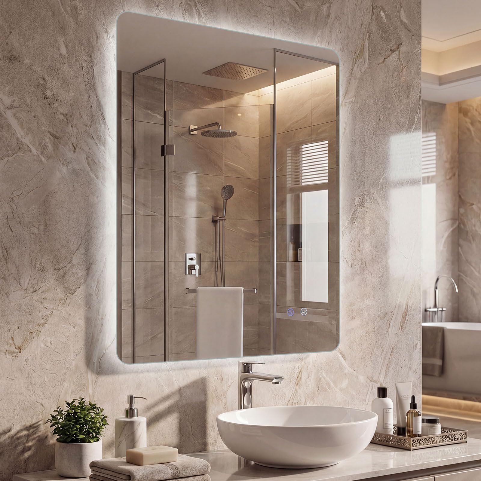 FANTASK Espejo de baño Rectangular LED de Cristal Templado, Espejo de Pared LED con Control táctil, Espejo de baño Regulable, antivaho y función de Memoria (80 x 60 cm)