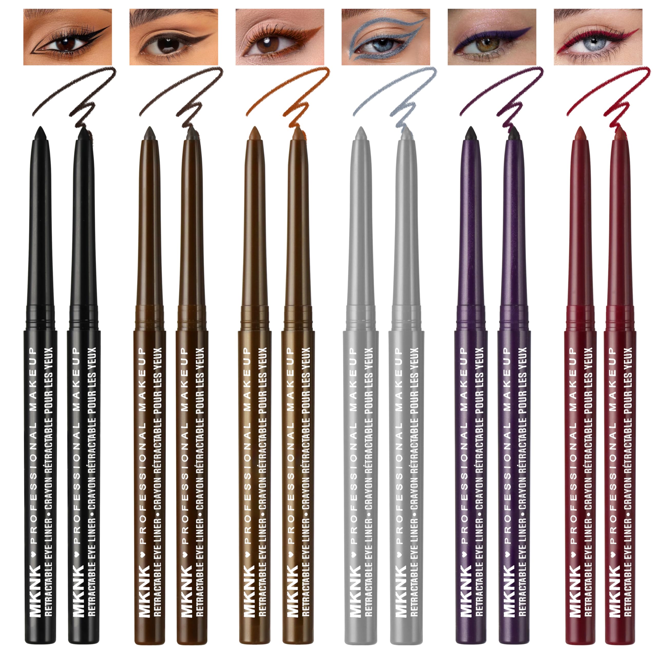 Noerrors 12pcs Retractable Gel Eyeliner Set, Black Brown Silver Grey Plum Purple Burgundy Waterproof Eye Liner Pencil for Older Women, No Smudge Long Lasting Pigmented Matte&Metallic Creamy Eyeshadow Set A