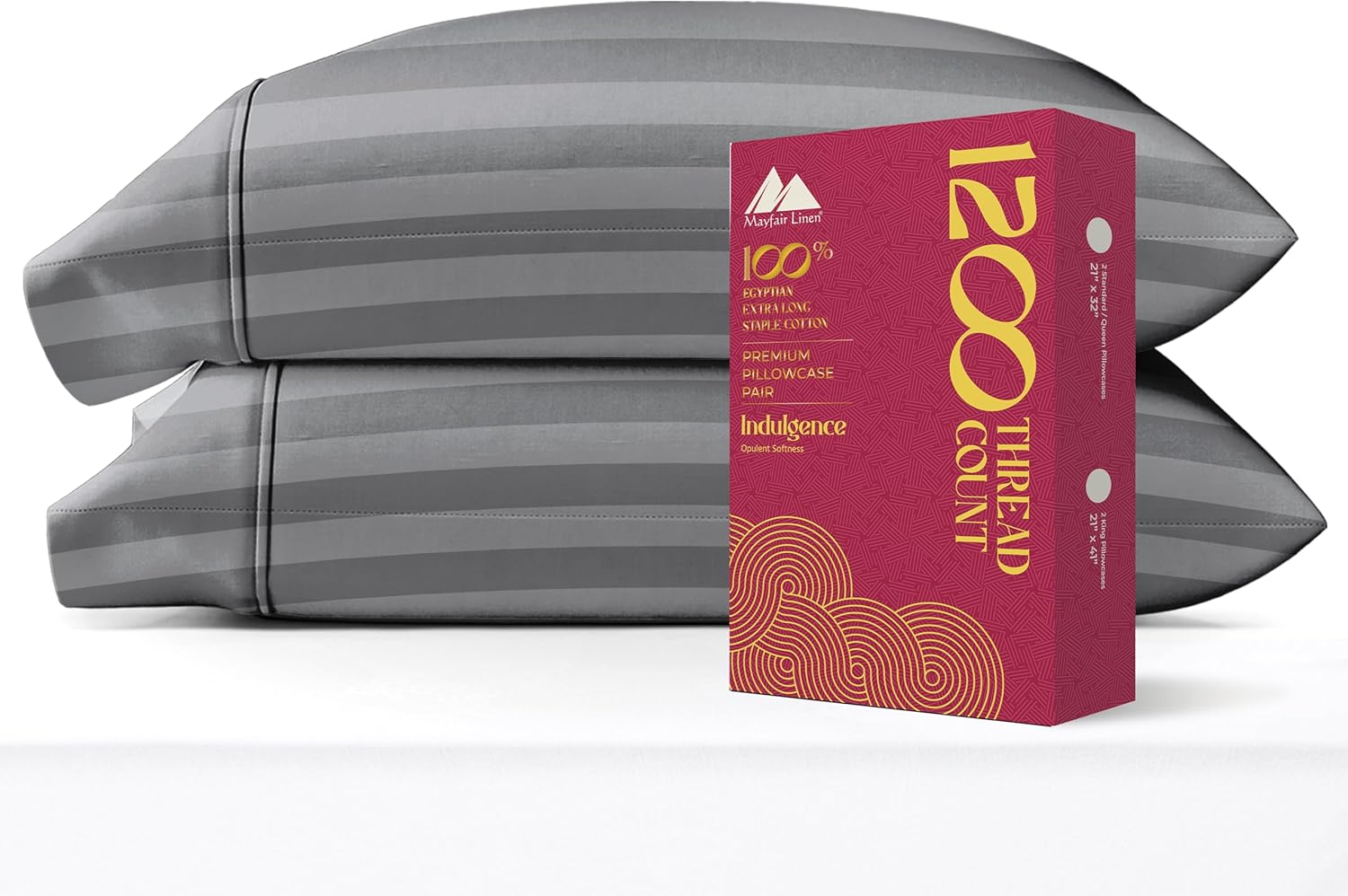 Mayfair Linen 100% Egyptian Cotton Pillow Cases King Size Set of 2 - Luxury 1200 Thread Count Sateen Weave Dark Grey Stripe Pillow Cases, Soft 5 Star Hotel-Quality Pillowcases, Fits King Size Pillows