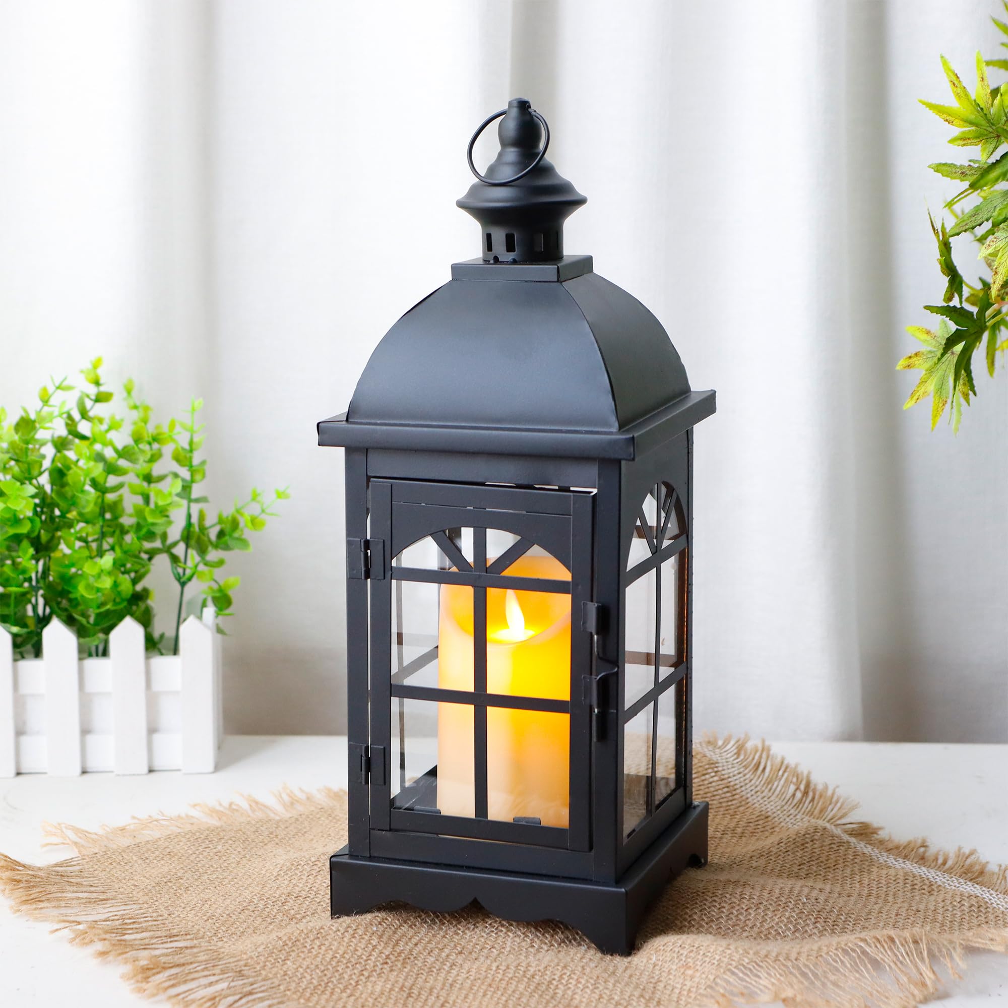 Trirocks Black Decorative Vintage Candle Lanterns 37Cm H Farmhouse Hanging Candle Holder With Tempered Glass For Patio Home Bedroom Living Room Wedding Indoor Outdoor (Black)