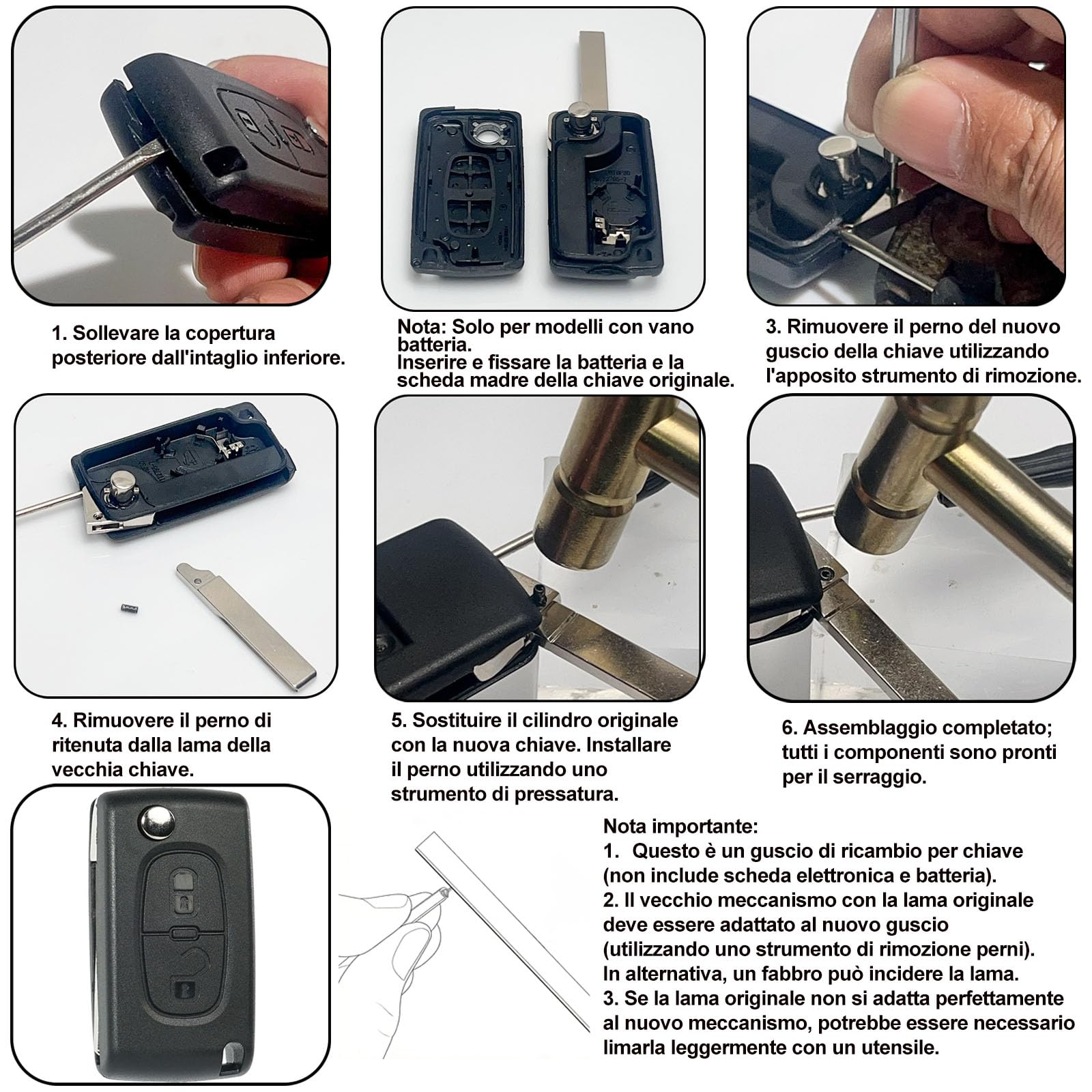SUPALAND Guscio Chiave di Ricambio a 2 Tasti Hu83 CE0536 per Citroen C2 C3 C4 C5 C6 C8 Picasso Peugeot 206 207 307 307S 407 308 con Cacciavite e Catena Portachiavi
