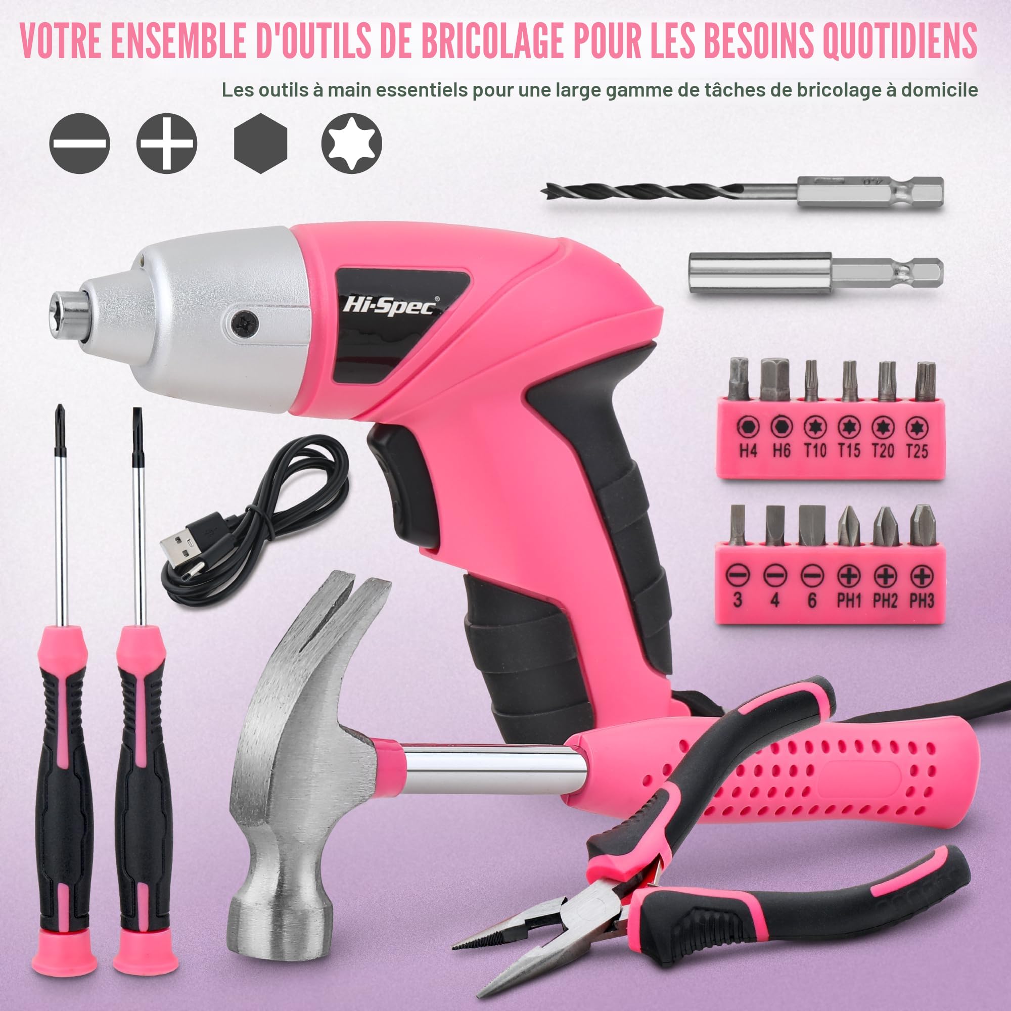 Hi-Spec Perceuse Visseuse Sans Fil 3.6V USB – Kit d’Outils Maison 19 Pièces Rose, Tournevis Électrique Rechargeable avec Coffret Compact boîte à outils compacte