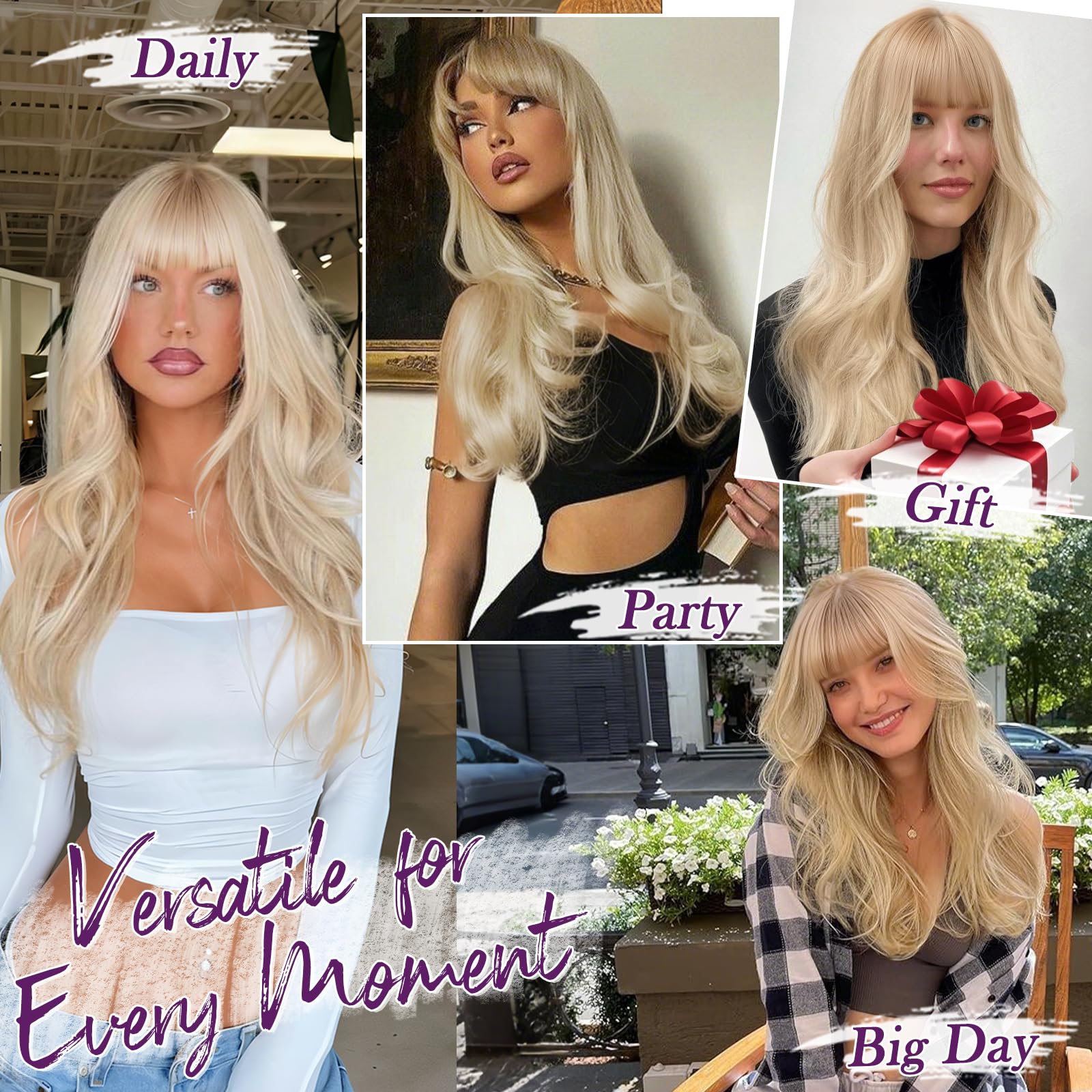 BARSDAR Beige Blond Perücke mit Pony, 50cm Layered Blond Perücke mit Bangs für Frauen Natürliches Aussehen Weiche Gewellte Synthetische Perücken Glattes Haarschnitt Fringe Tägliche Party Halloween