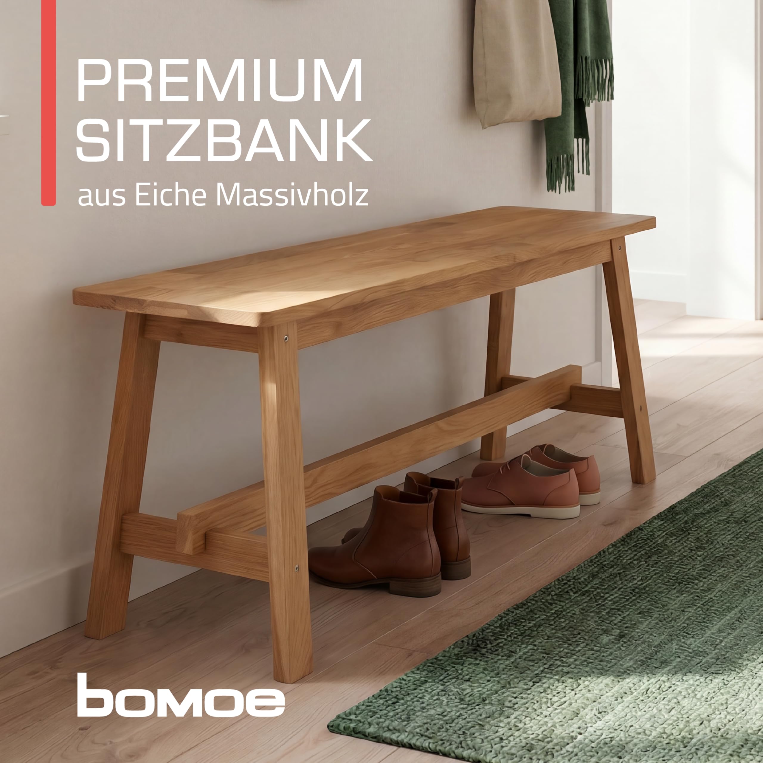bomoe Holzbank FSC® Eichenholz Massiv Geölt Sitzbank bis 250 kg Flur Küche | 100x29x45cm 100cm lang Garderobenbank Flurbank Holz Esszimmer Badezimmer Bank Essbank Eichberg