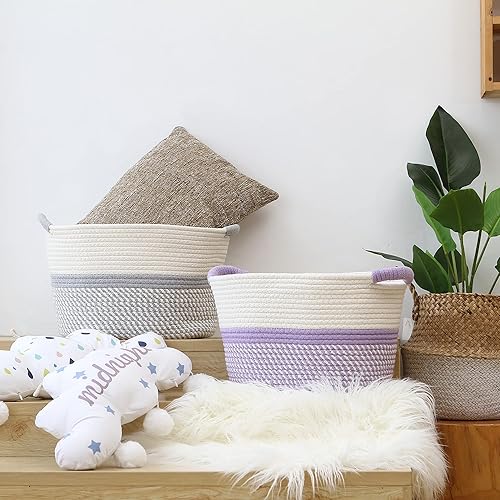 Miniatura 4 de Hinwo Cesta de almacenamiento ovalada de cuerda de algodón, plegable, organizador con asas, 13 x 10 pulgadas, color blanco roto y lavanda