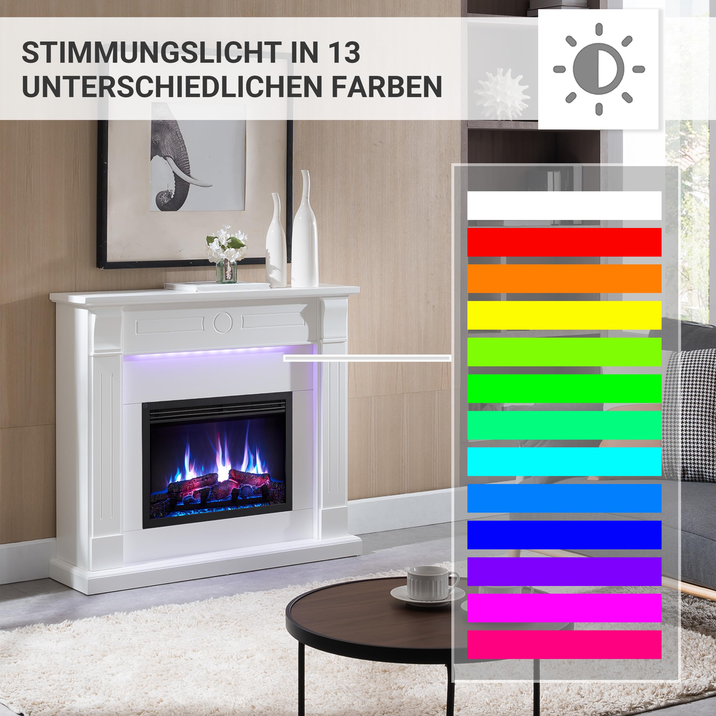 Elektrokamin BALDERIA Hikaru - Standkamin mit Heizung bis 2000W, 3D-Flammeneffekt, LED-Beleuchtung, Knister-Sound, App-Steuerung, WiFi, Fernbedienung, Timer, Thermostat - Weiß