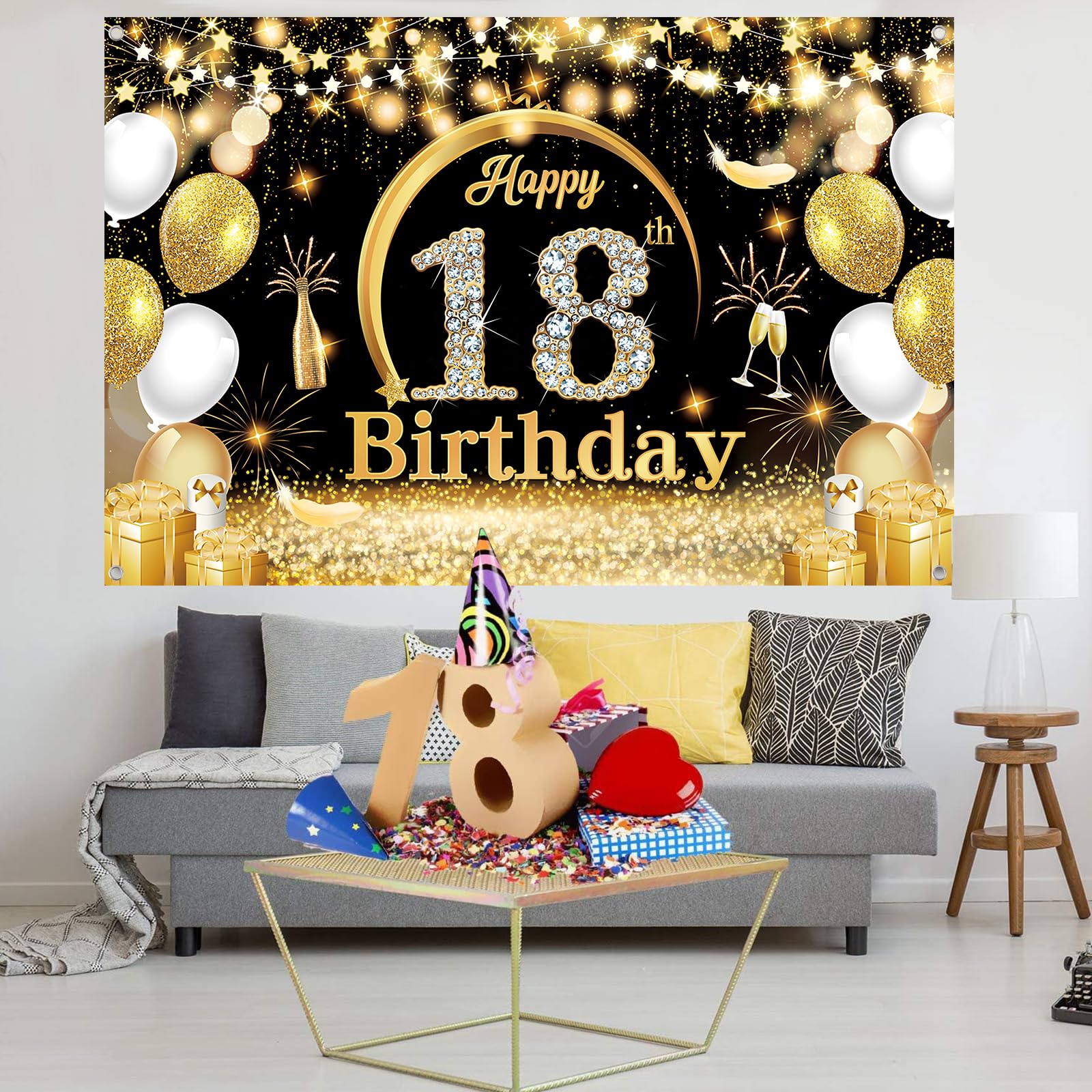 ANOMM 18e verjaardag banner, 18e Happy Birthday-achtergrond, banner, feestdecoraties voor binnen en buiten, zwart-gouden bord, poster